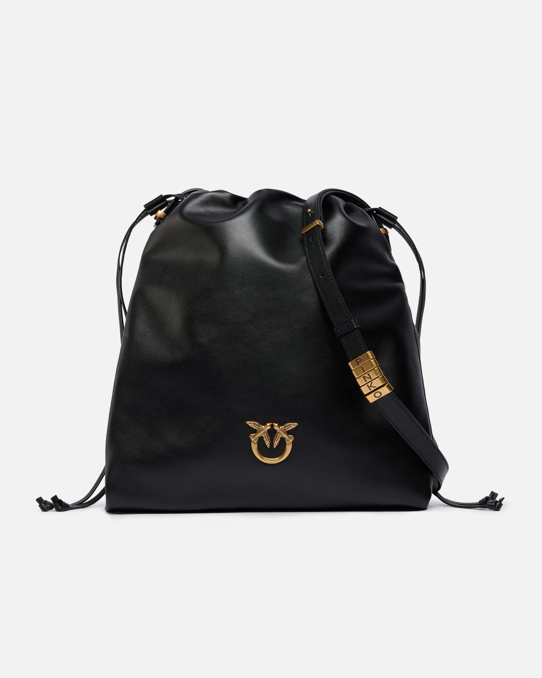 Sacchetto Pinko nero in pelle liscia misura media con fibbia Love Birds dorata e tracolla regolabile