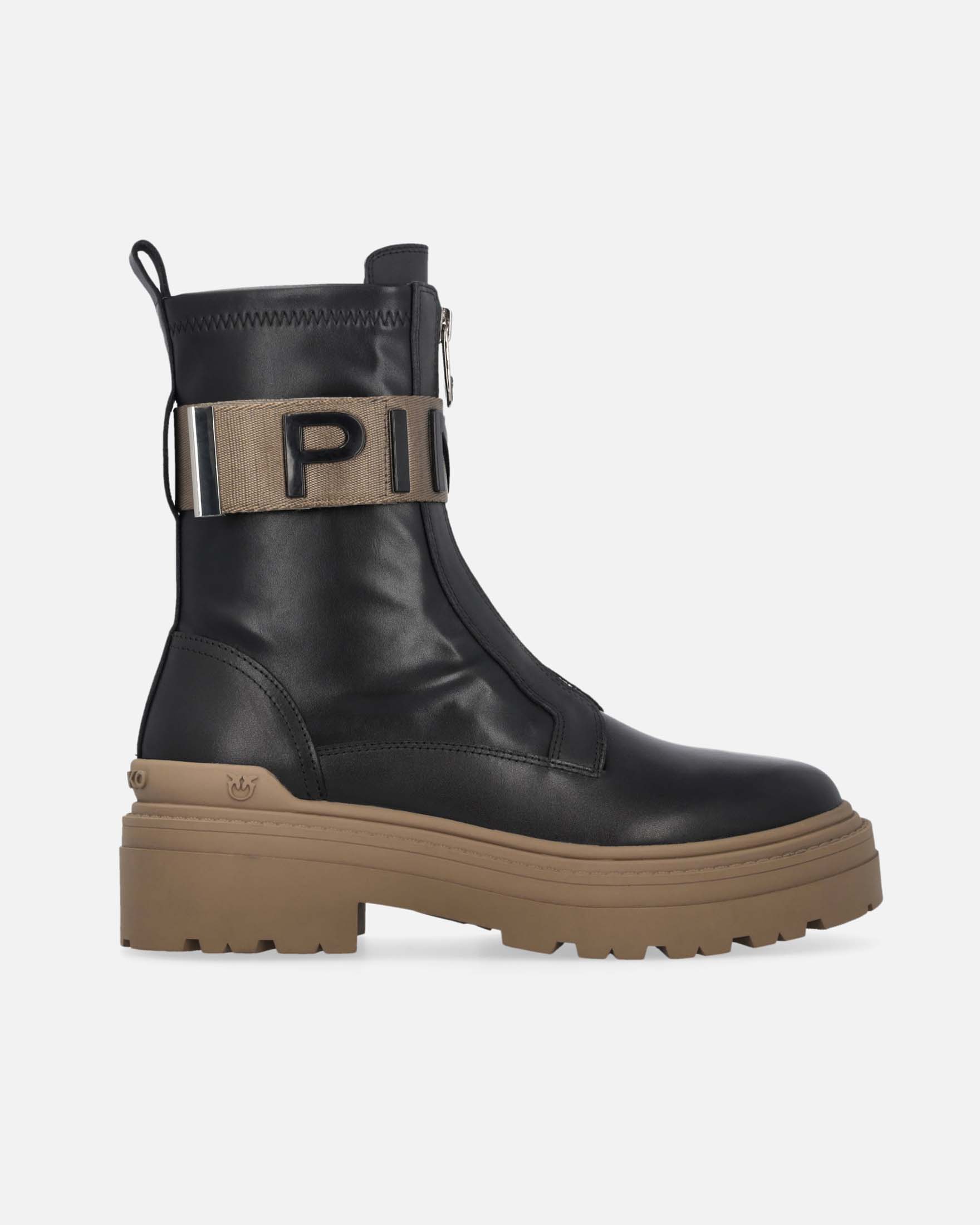Anifibi neri Pinko in pelle senza lacci con suola e fascetta con scritta logo color khaki