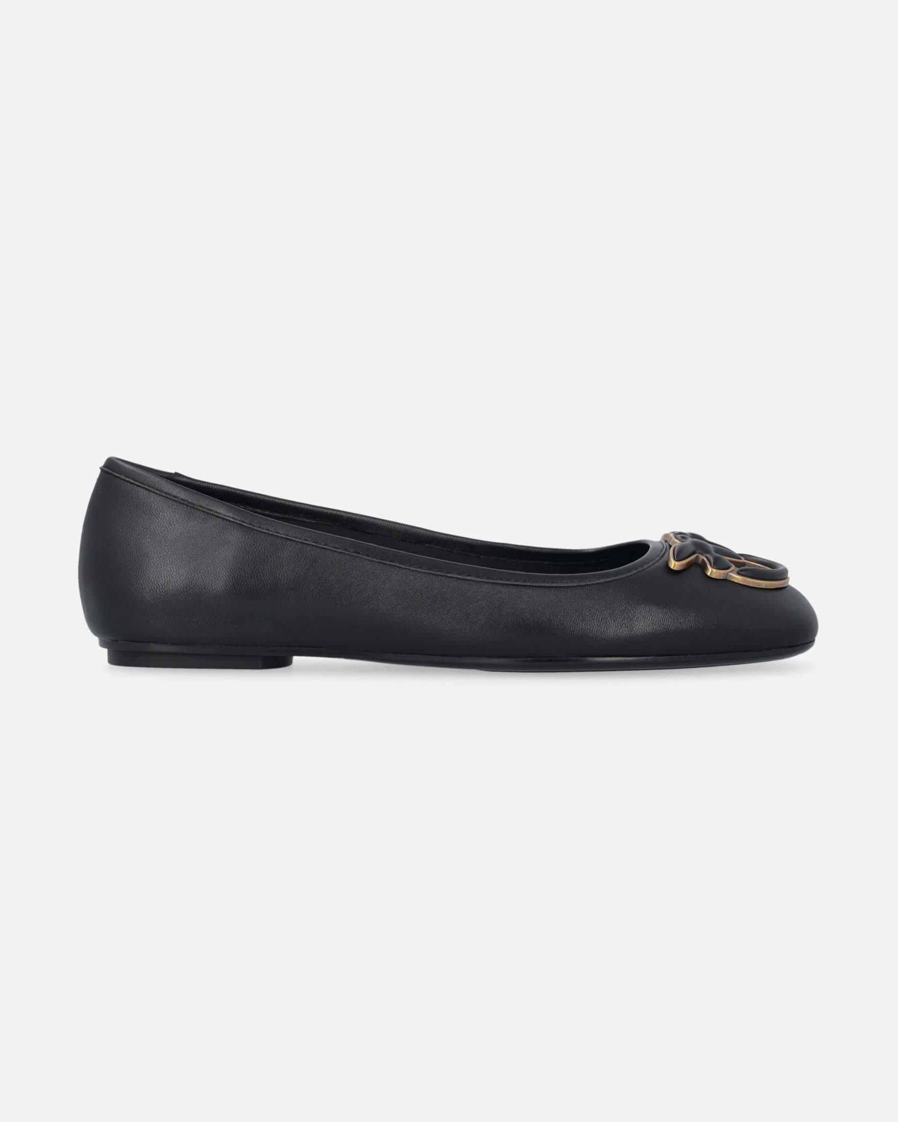 Ballerine nere in pelle con punta squadrata e logo con profili dorati