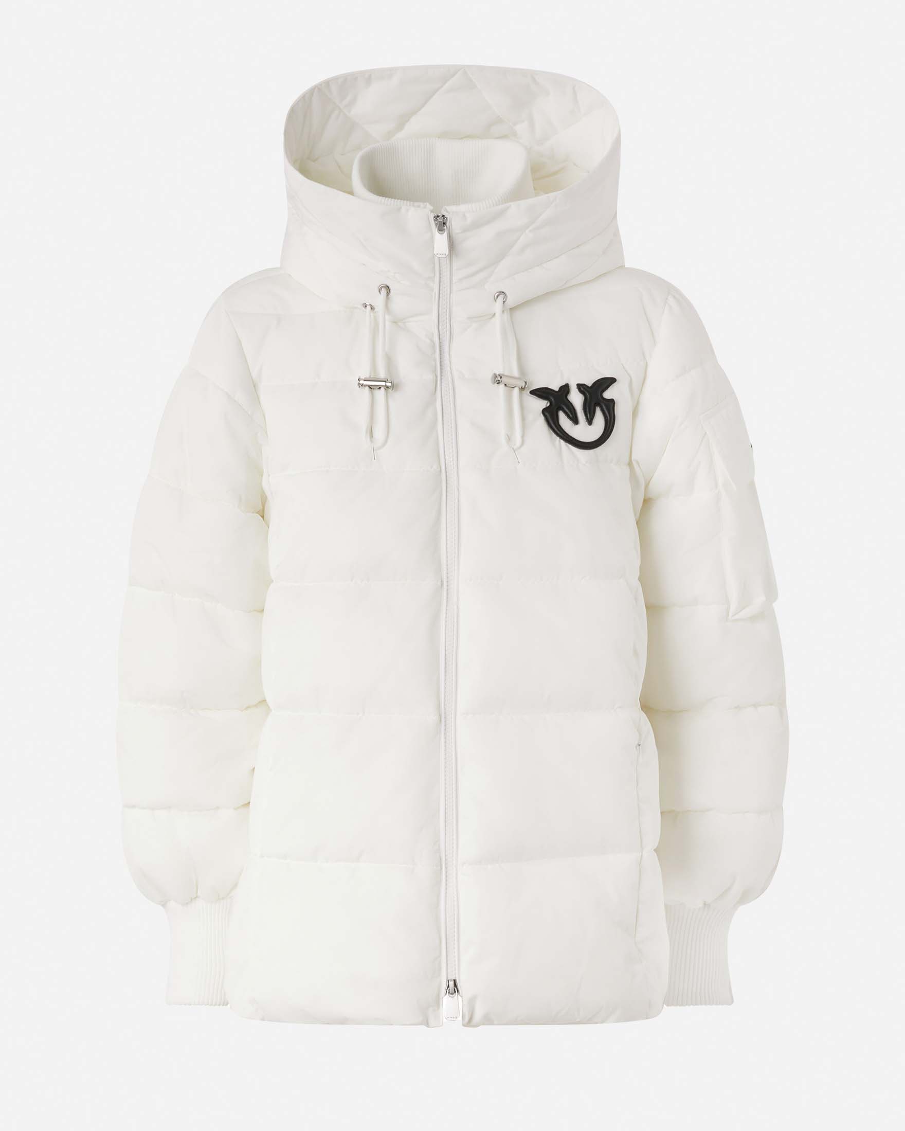 Piumino bianco Pinko dalla linea a campana in tela tecnica con cappuccio e logo nero applicato sul petto