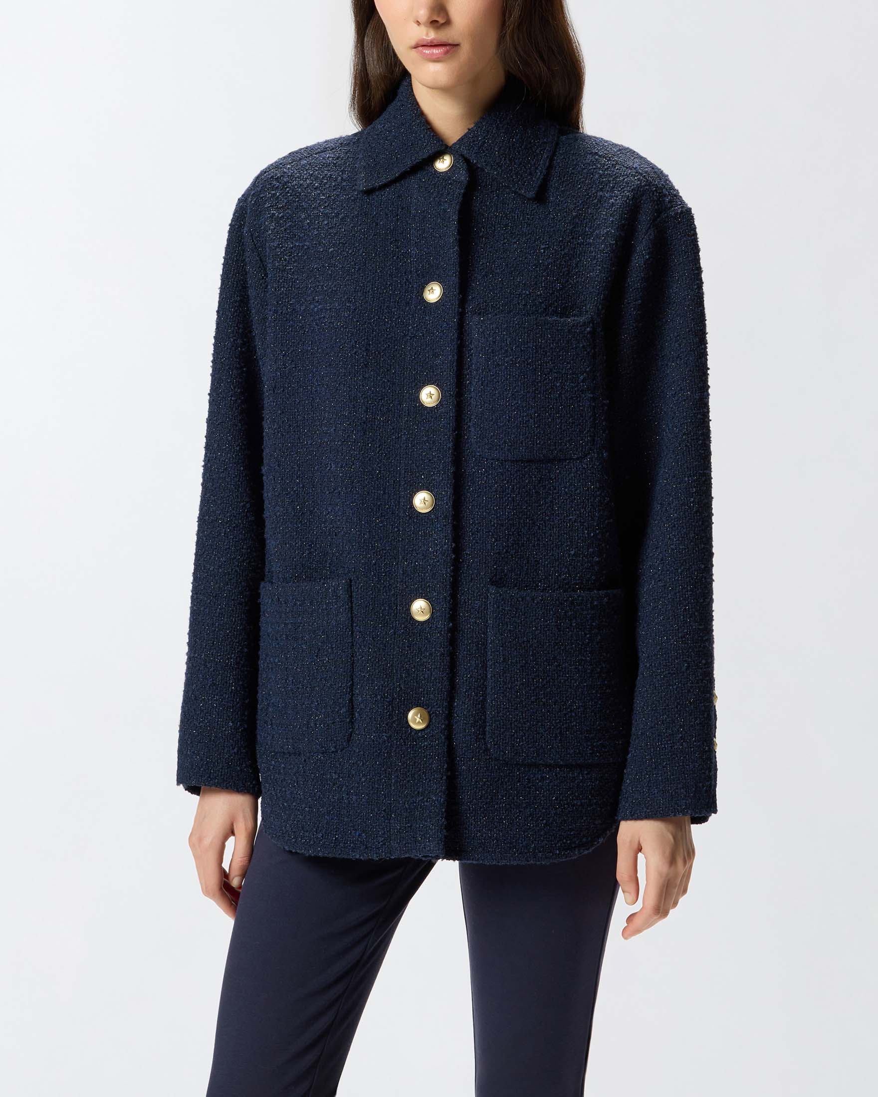 Giacca oversize blu Pinko in bouclé di misto cotone con colletto a camicia e tasche applicate