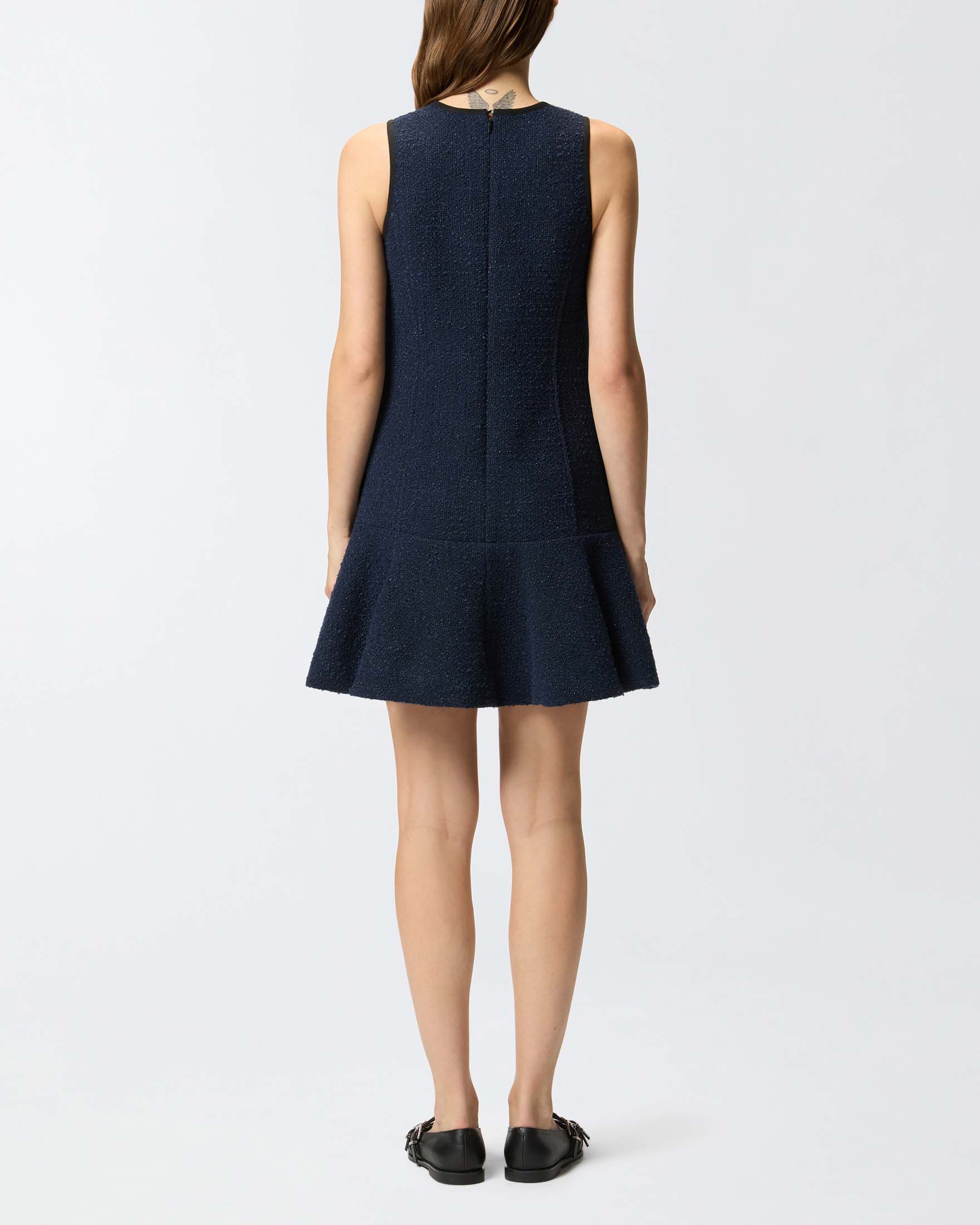 Abito corto blu senza maniche Pinko in bouclé di misto cotone con balza sulla gonna