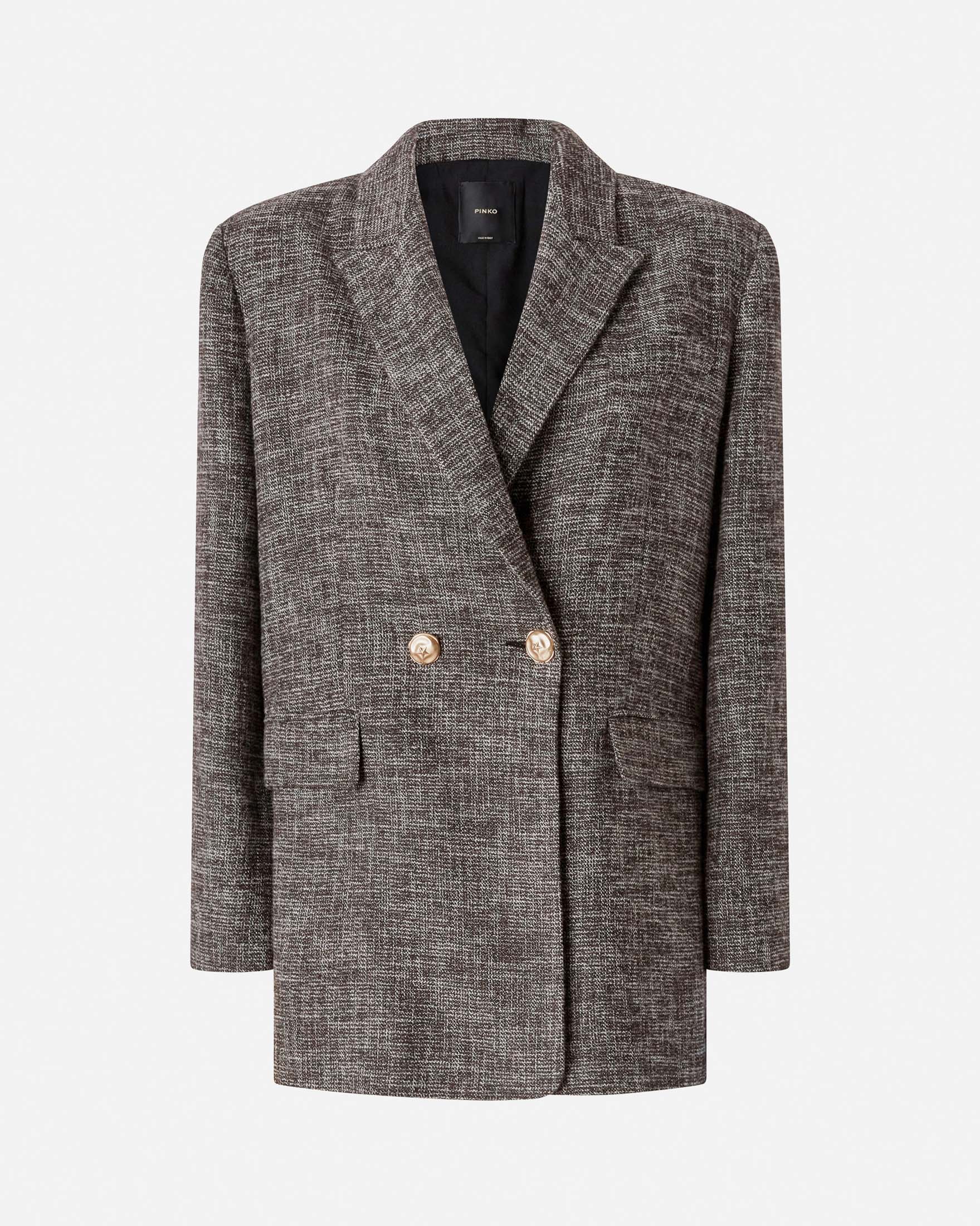 Blazer over Pinko in tweed di misto cotone grigio e marrone con chiusura doppiopetto a bottone dorato