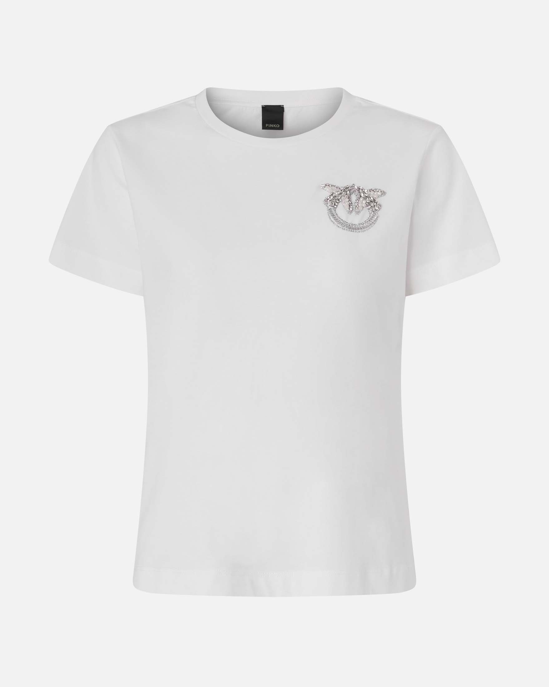 T-shirt bianca in cotone Pinko con maniche corte e logo in cristalli e perle ricamato sul petto