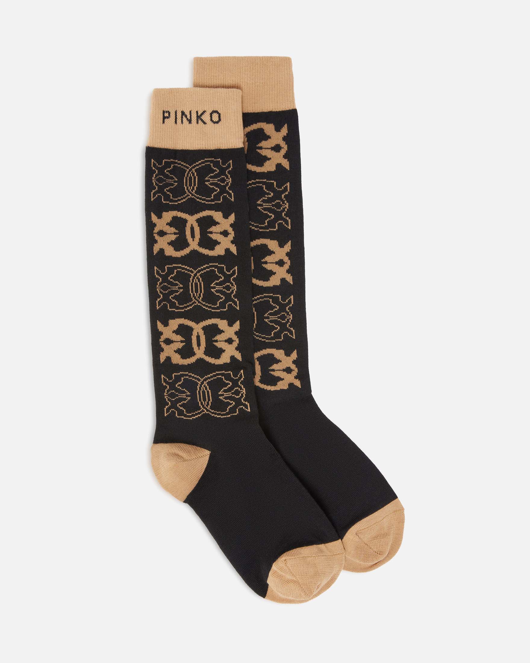 Calzini medi neri Pinko in misto cotone a fantasia jacquard monogramm color cammello