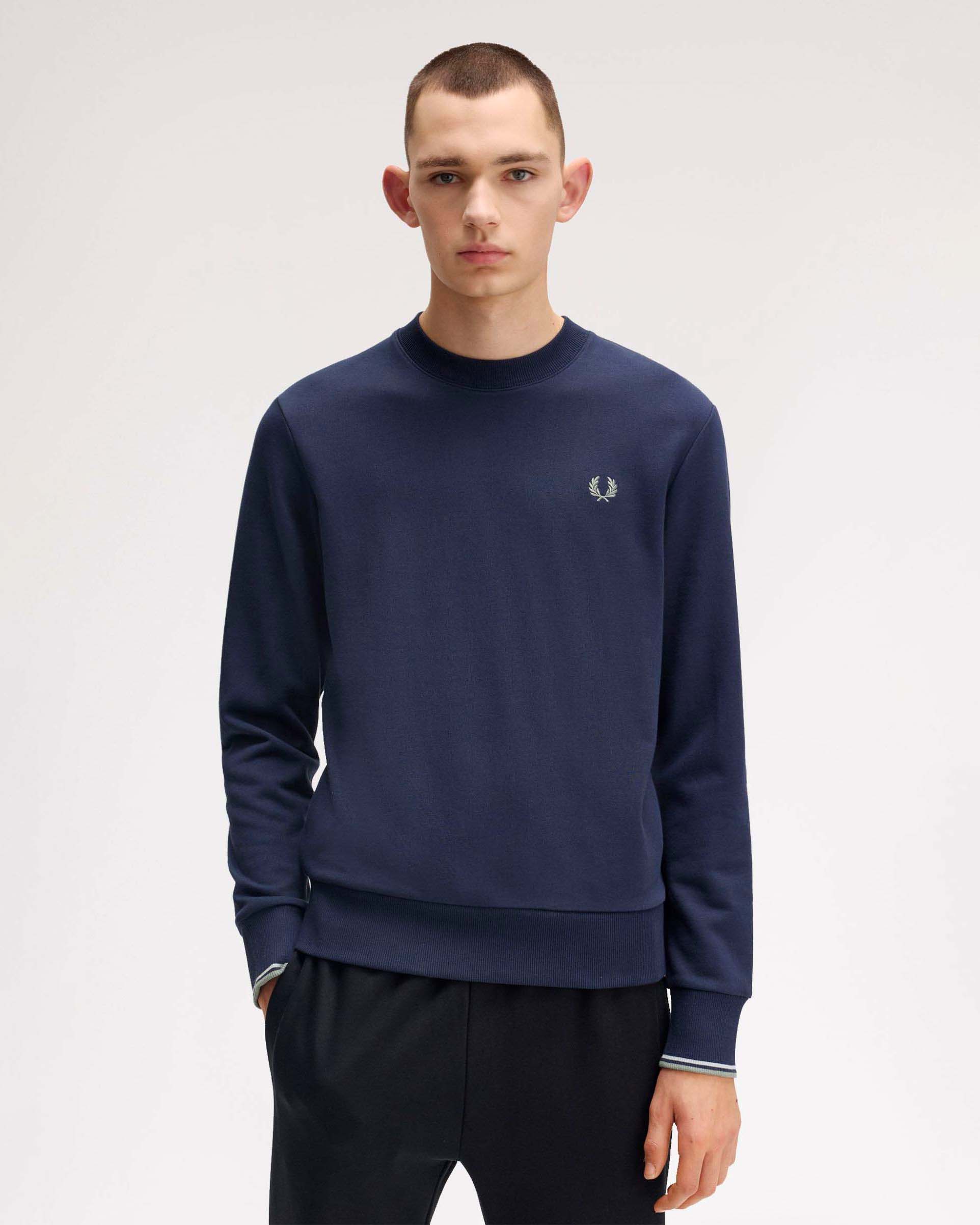 Felpa girocollo Fred Perry blu indaco con bordino bianco e grigio sulla manica