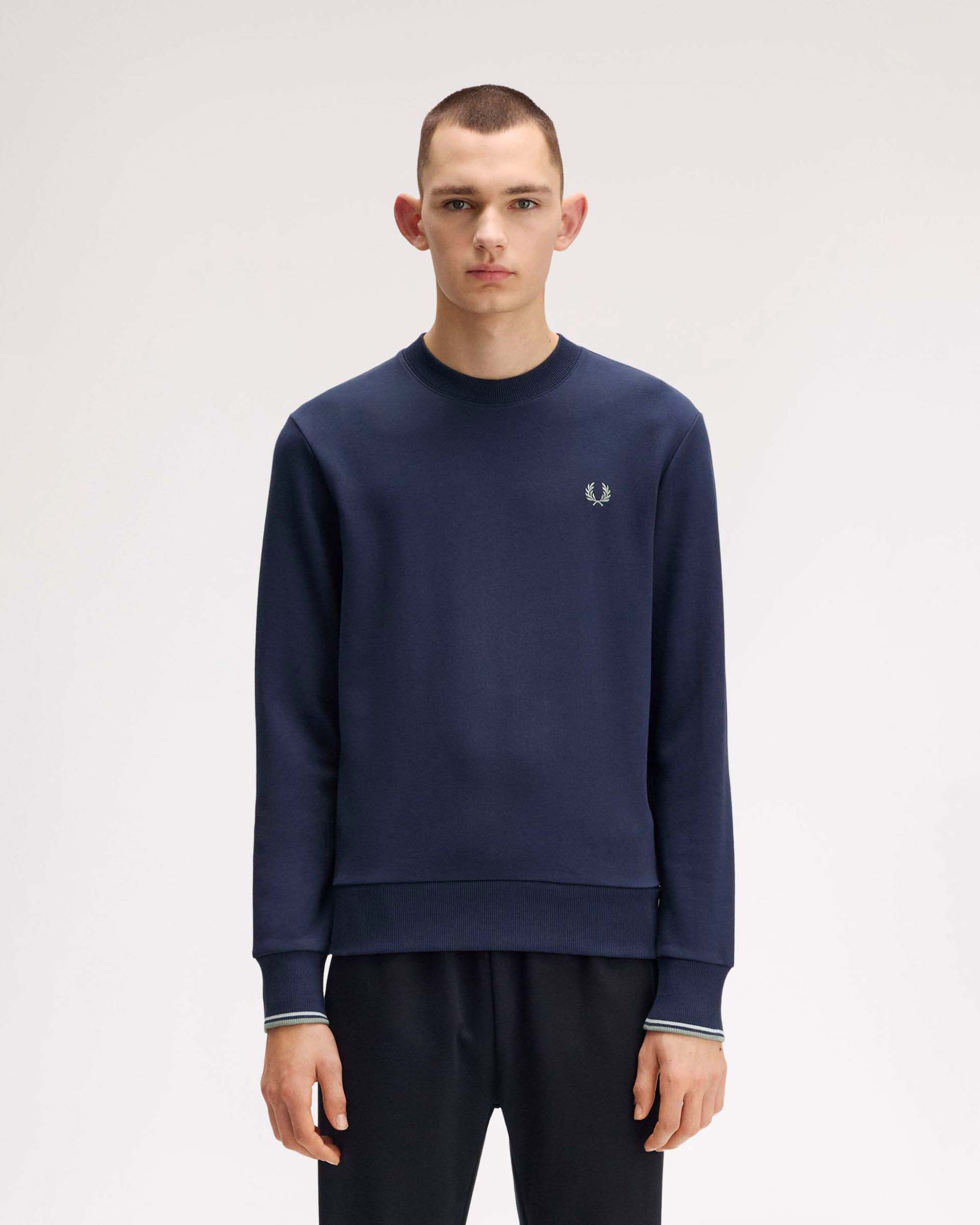 Felpa girocollo Fred Perry blu indaco con bordino bianco e grigio sulla manica