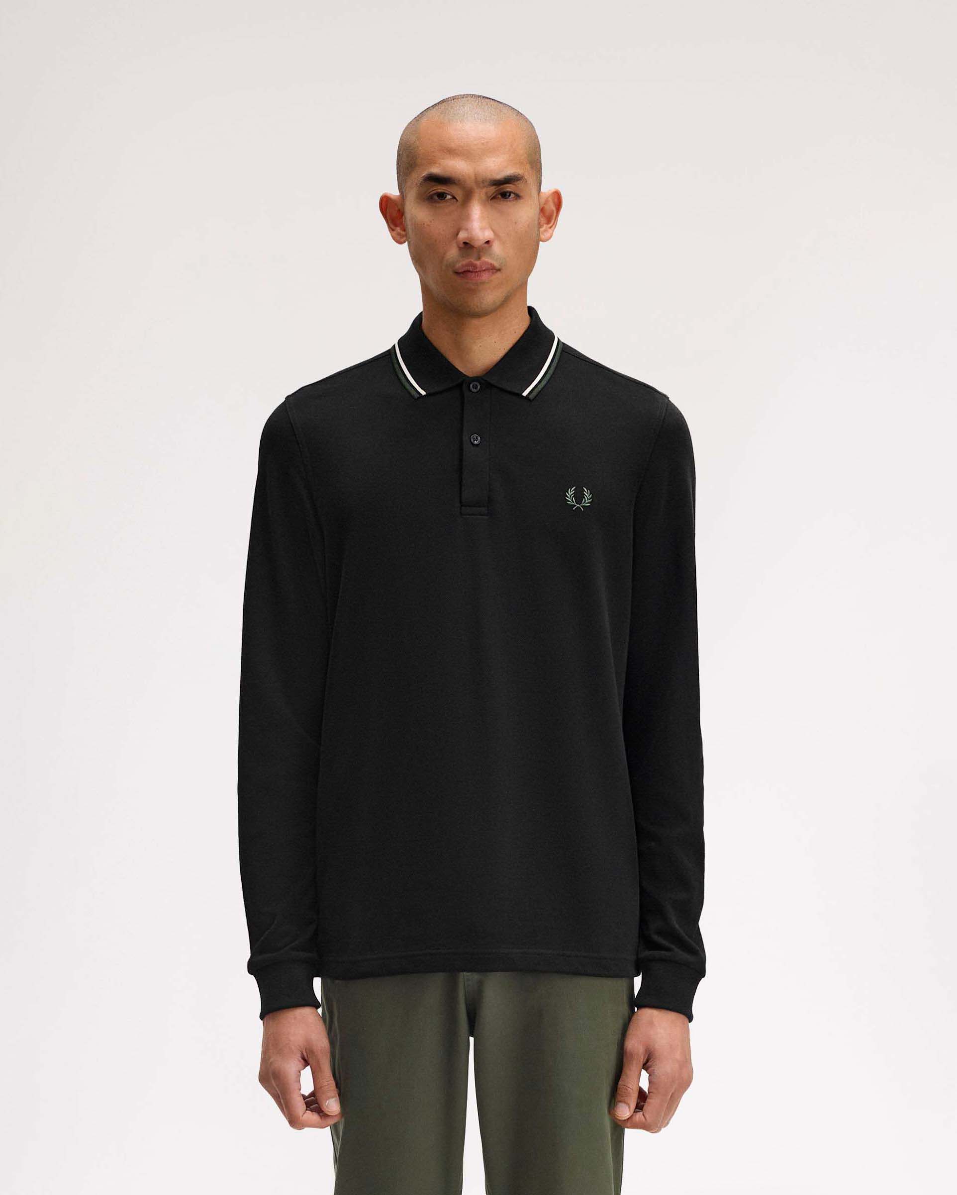 Polo manica lunga Fred Perry nera con bordino bianco e militare