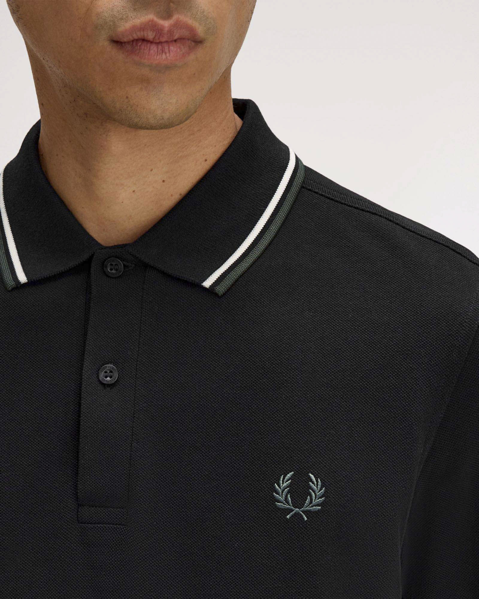 Polo manica lunga Fred Perry nera con bordino bianco e militare