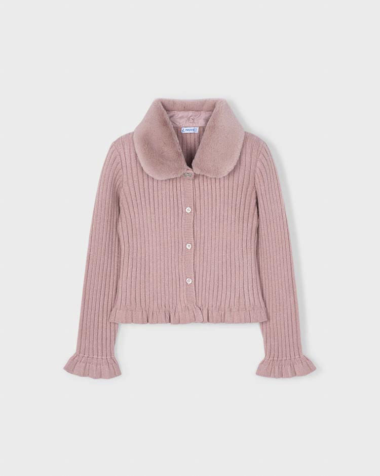 Cardigan rosa antico in viscosa a coste con collo pelliccia