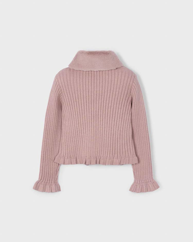 Cardigan Mayoral rosa antico in viscosa a coste con collo pelliccia image