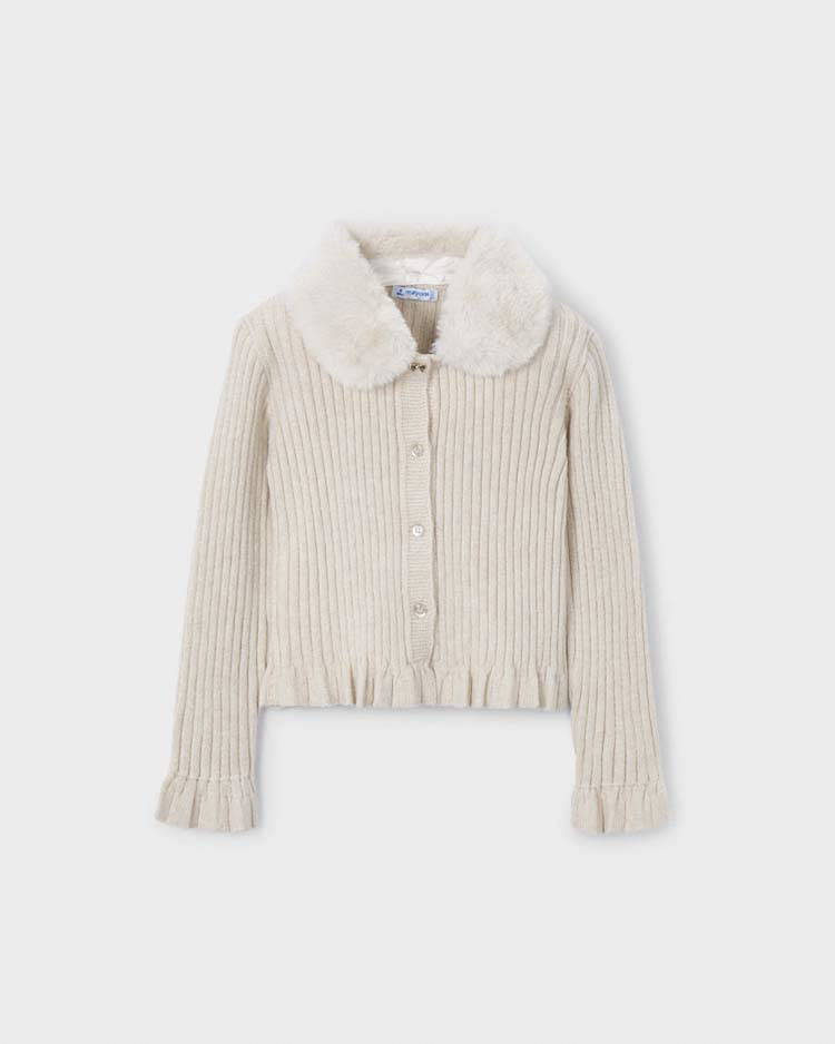 Cardigan Mayoral avorio in viscosa a coste con collo pelliccia