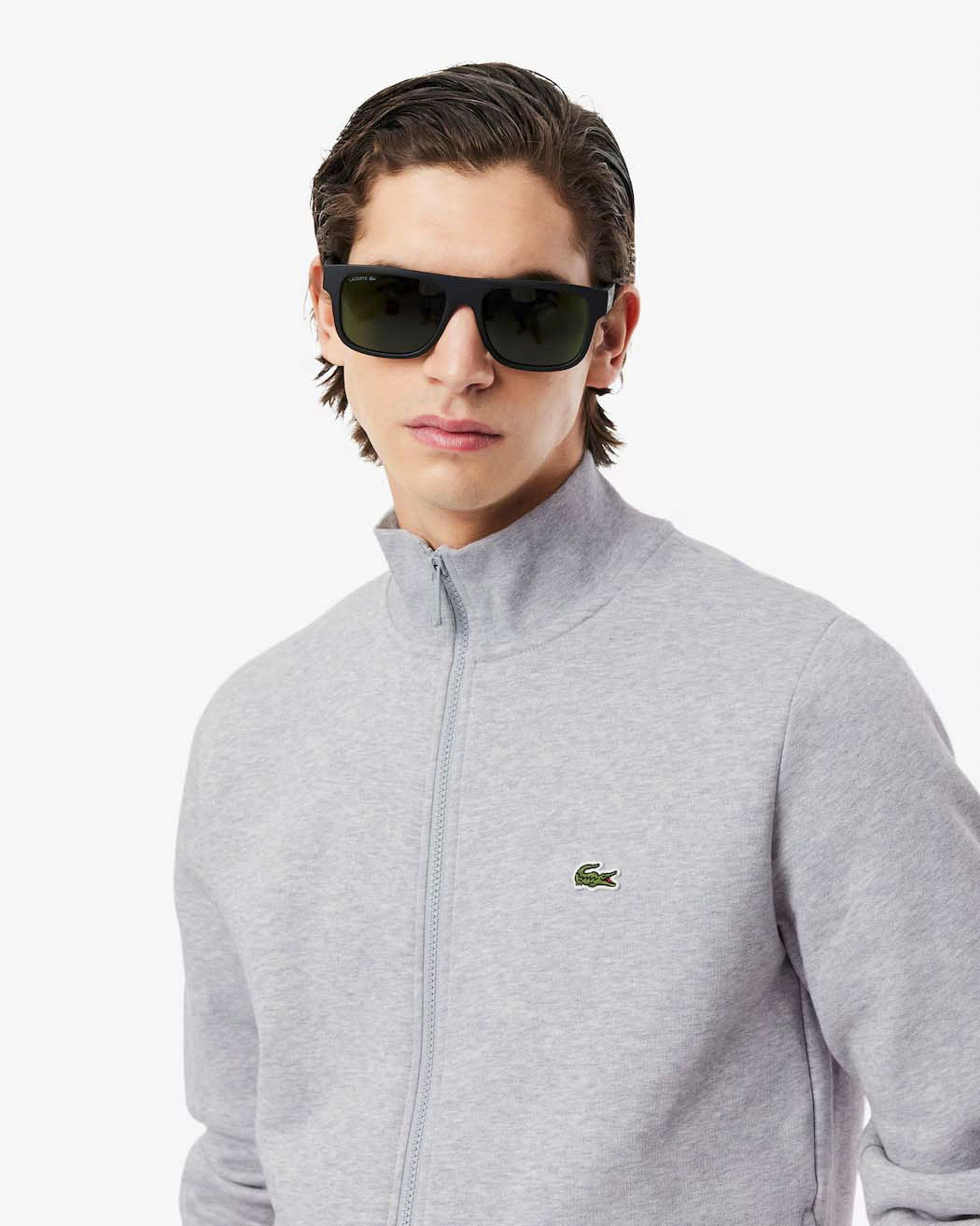 Felpa Lacoste grigia con chiusura zip e logo ricamato sul petto image