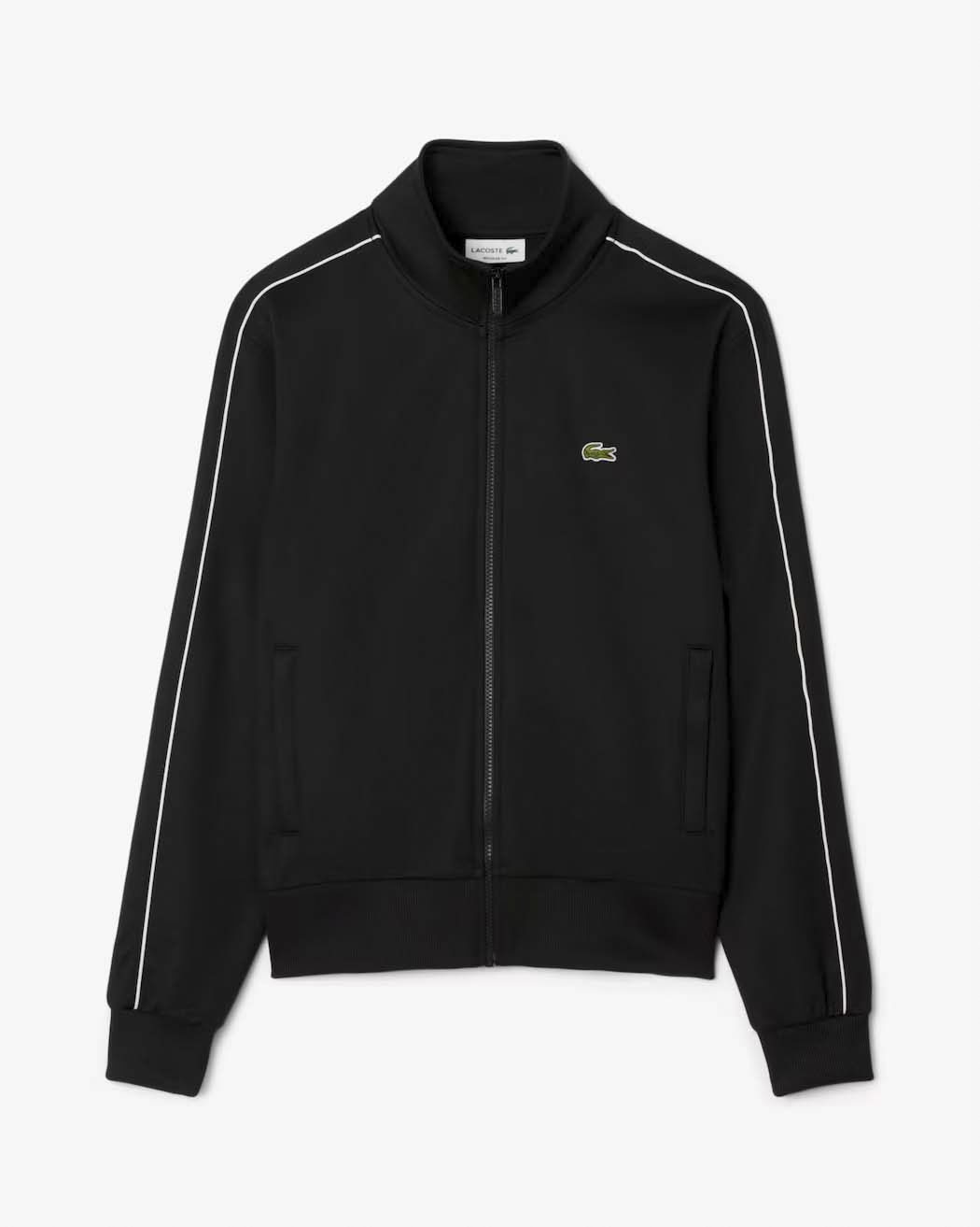 Felpa Lacoste nera in piquè interlock con piping bianco e chiusura zip