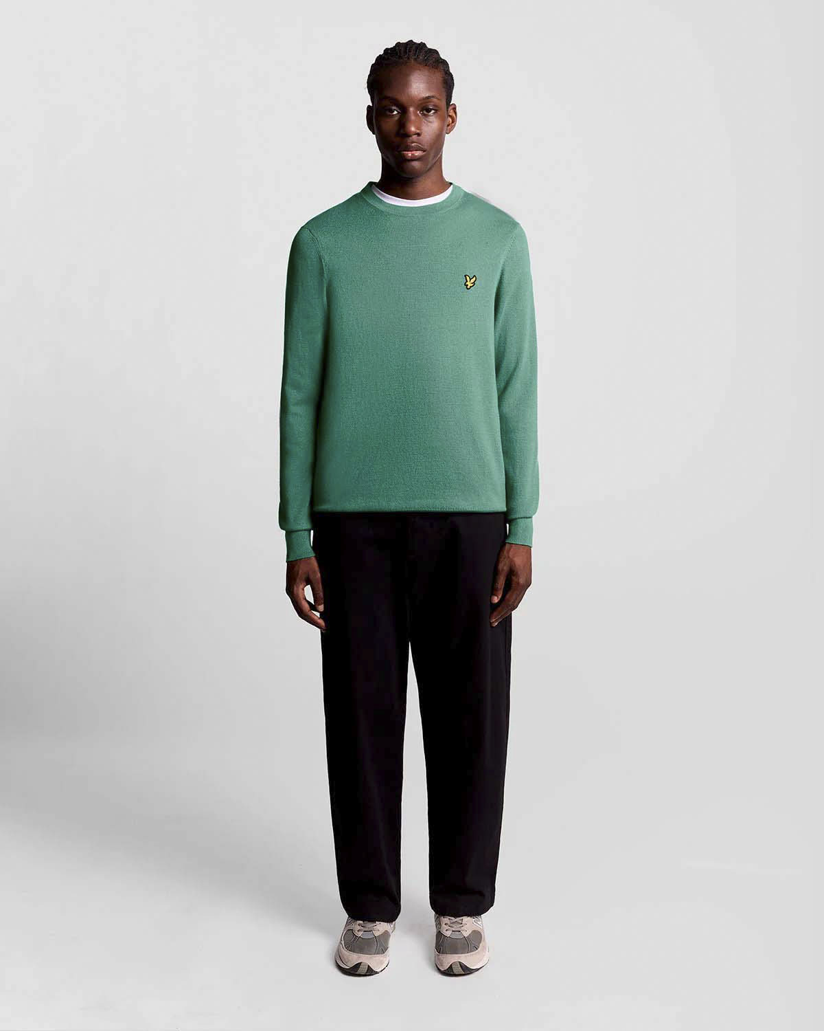 Maglia girocollo verde salvia in misto cotone e lana merino