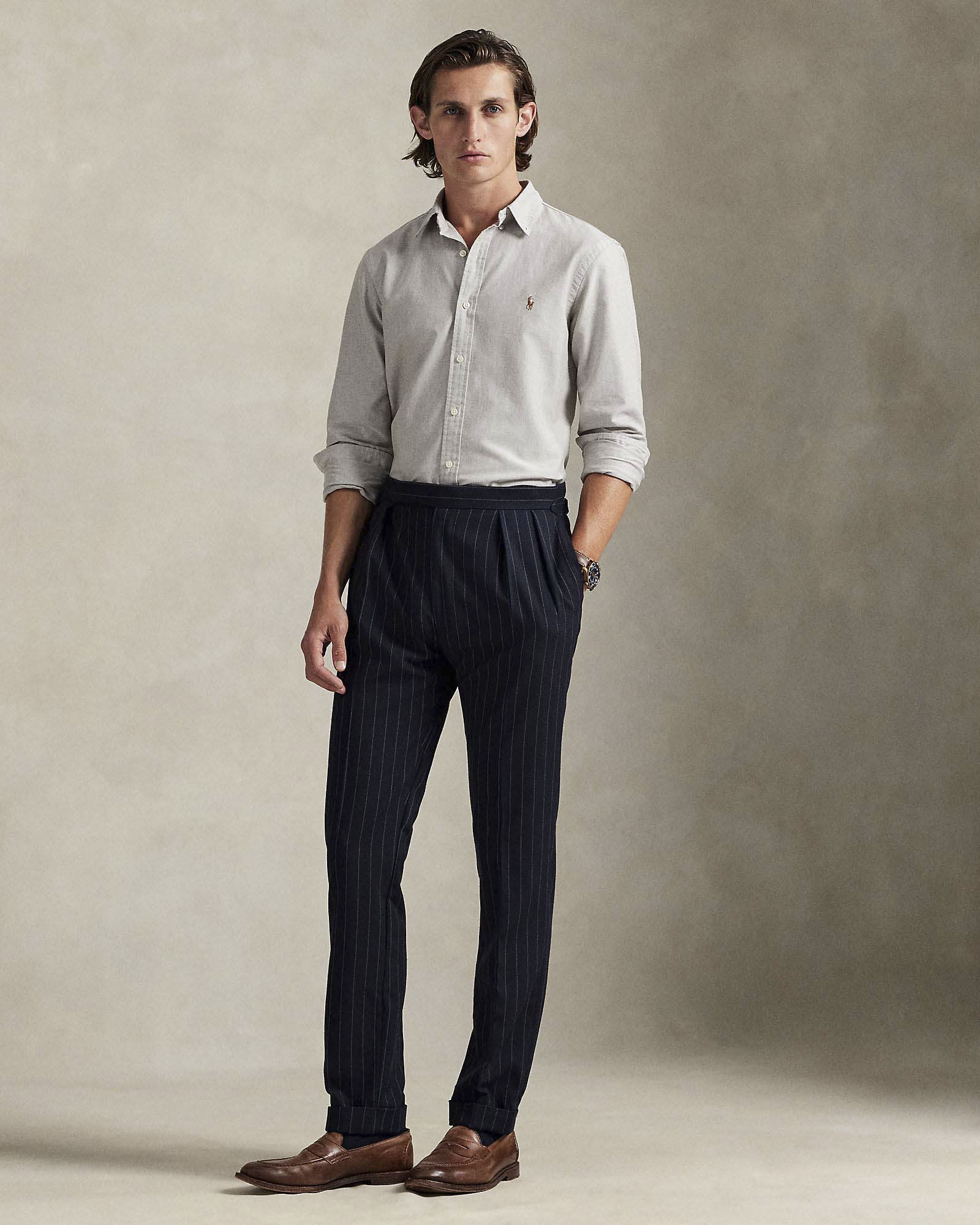 Camicia custom-fit Polo Ralph Lauren grigia in Oxford con colletto button-down e logo ricamato sul petto