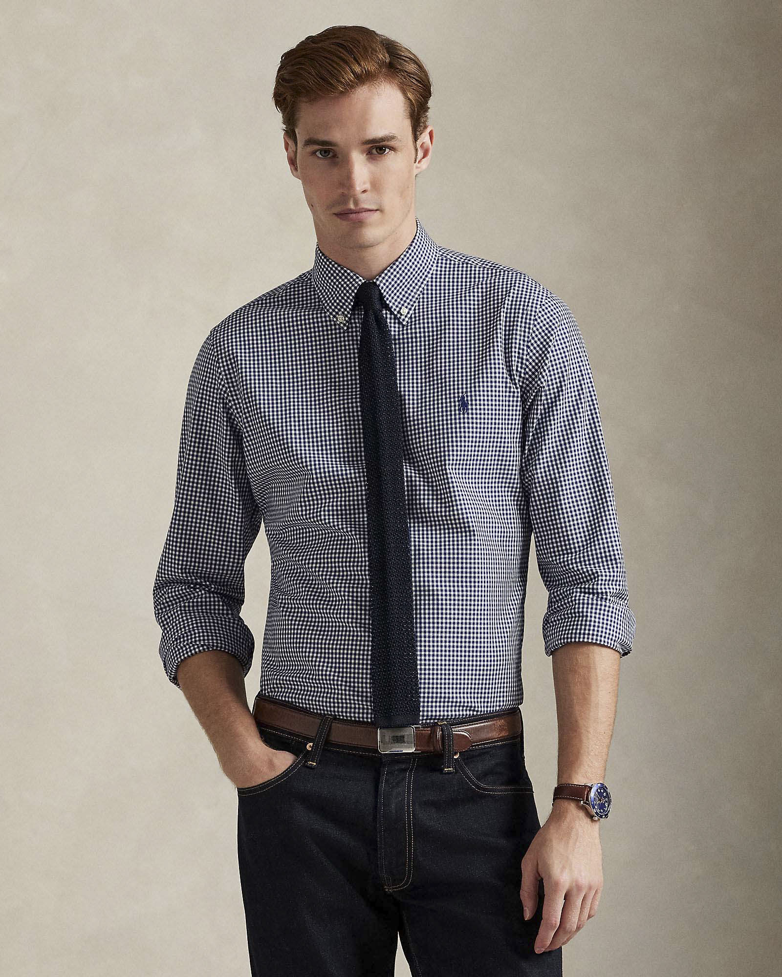 Camicia Polo Ralph Lauren custom-fit in popeline di cotone stretch a fantasia vichy bianco e blu con colletto button-down