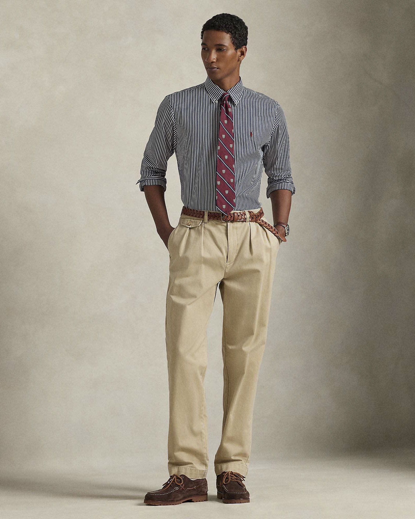 Camicia slim-fit Polo a righe bianche e blu in popeline di cotone stretch con colletto button-down