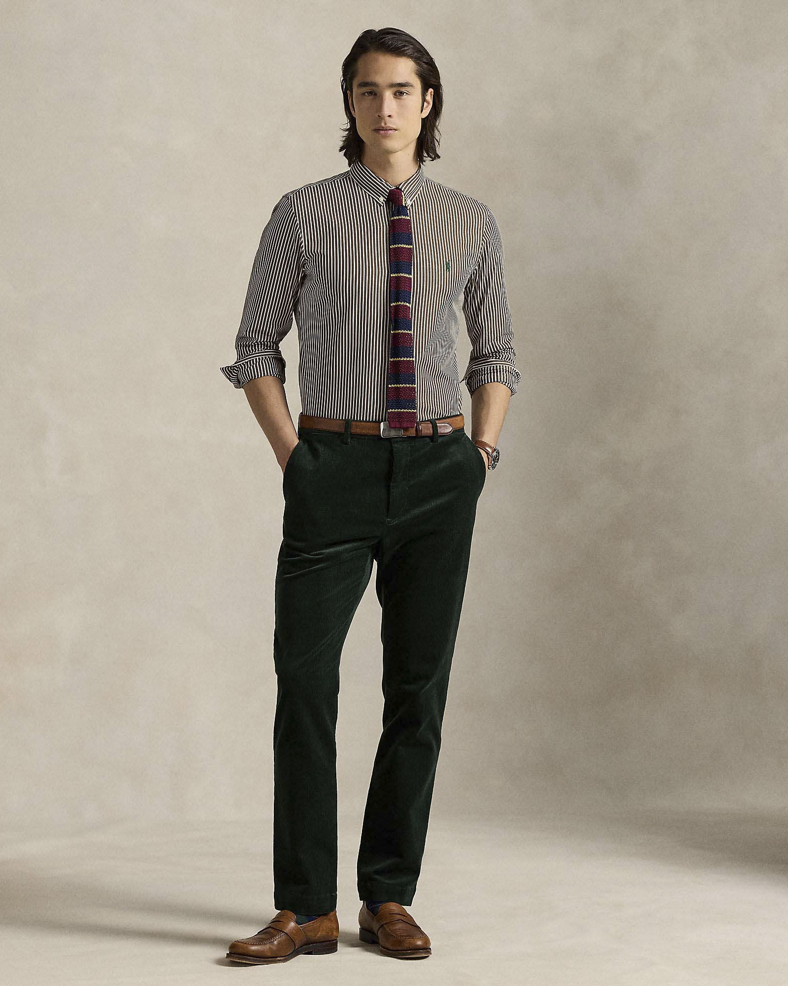 Camicia slim-fit Polo Ralph Lauren a righe bianche e marroni in popeline di cotone stretch con colletto button-down