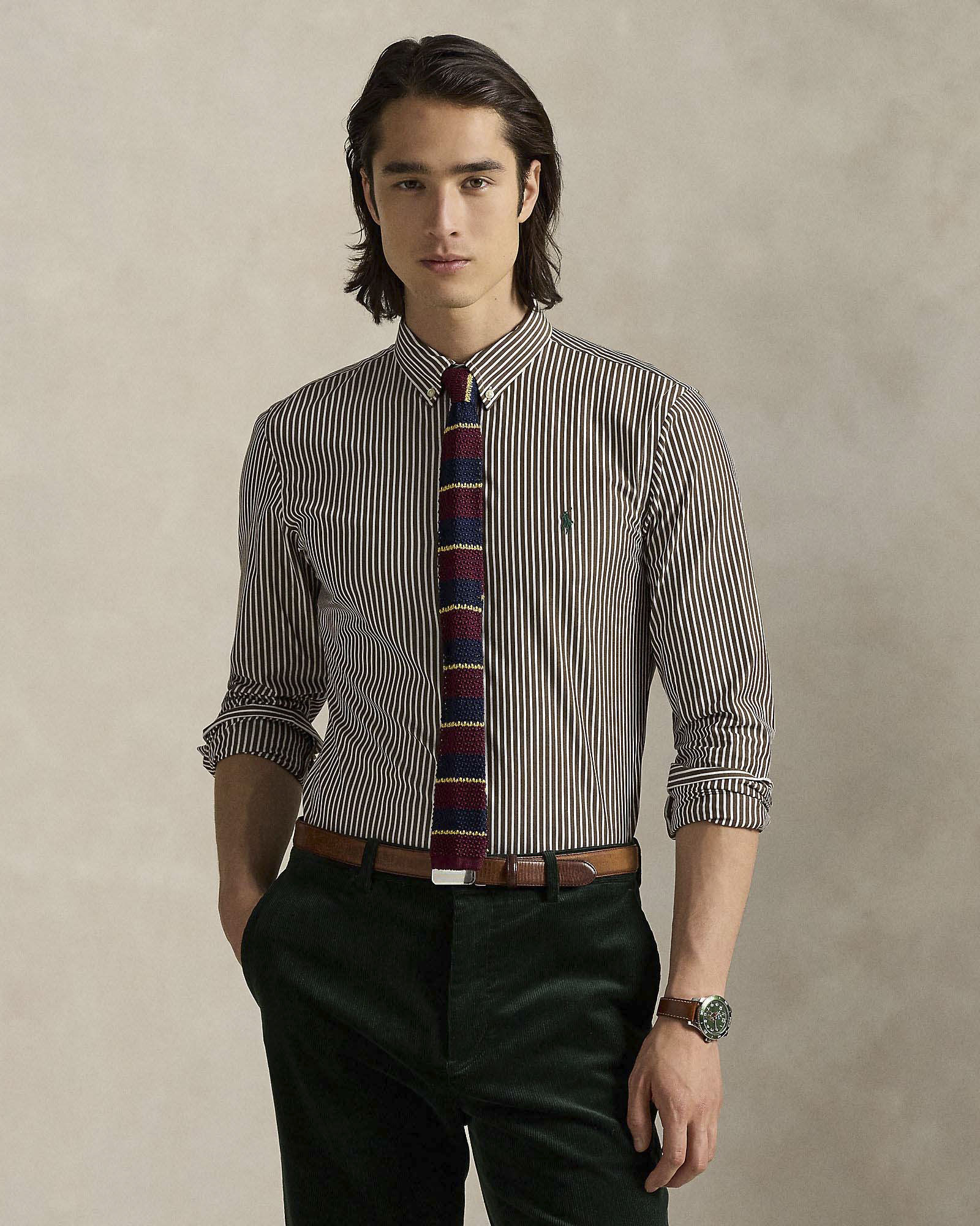 Camicia slim-fit Polo Ralph Lauren a righe bianche e marroni in popeline di cotone stretch con colletto button-down image