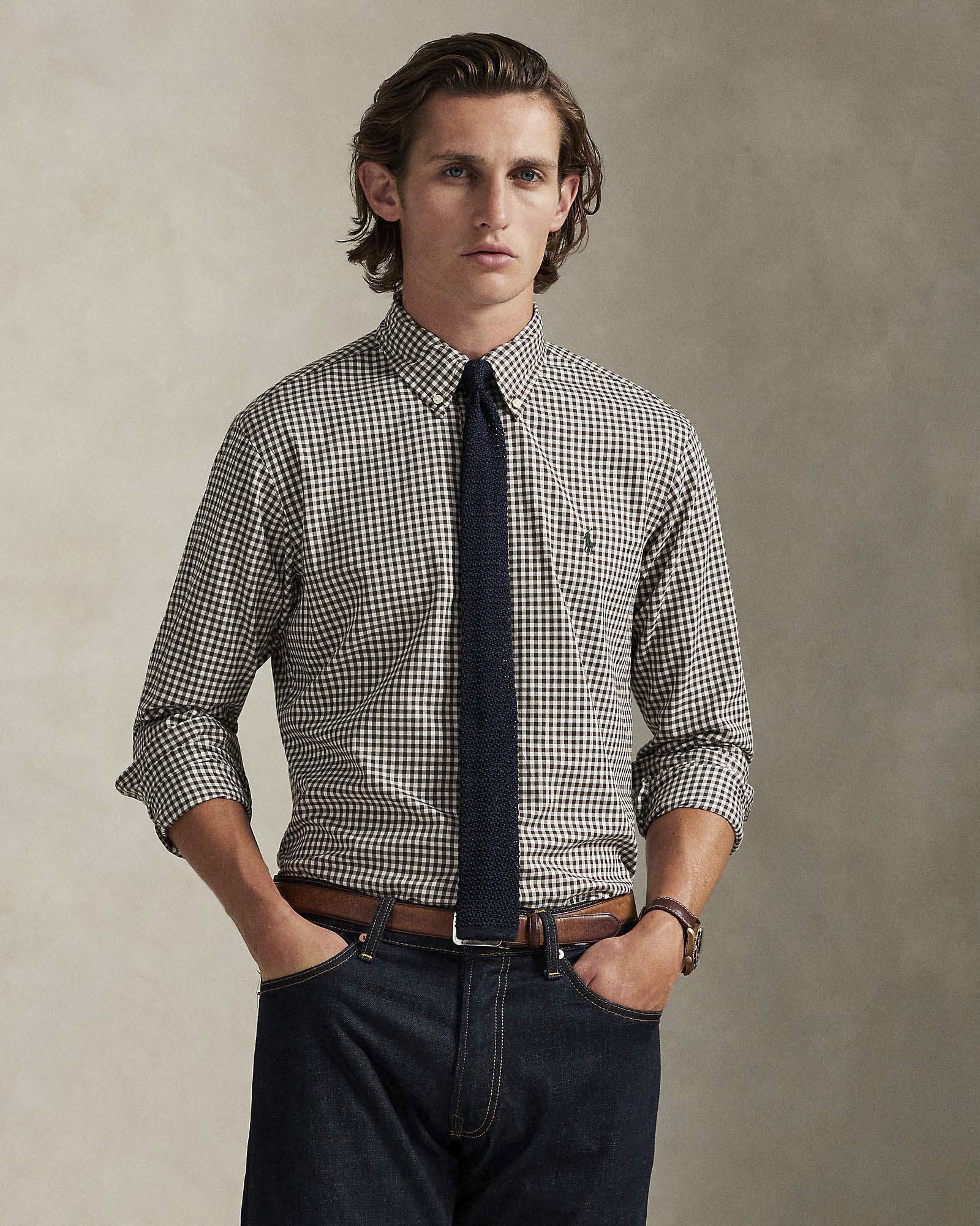 Camicia Polo custom-fit in cotone stretch a fantasia vichy bianca e marrone con colletto button-down
