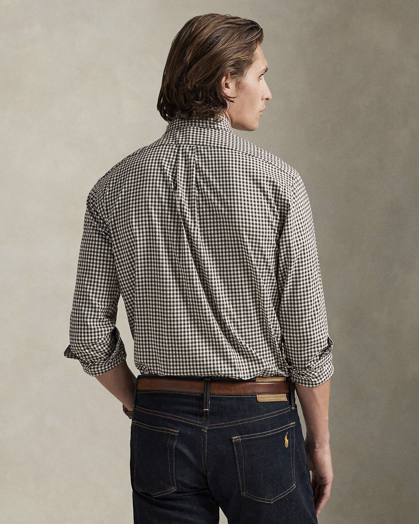 Camicia Polo Ralph Lauren custom-fit in cotone stretch a fantasia vichy bianca e marrone con colletto button-down image