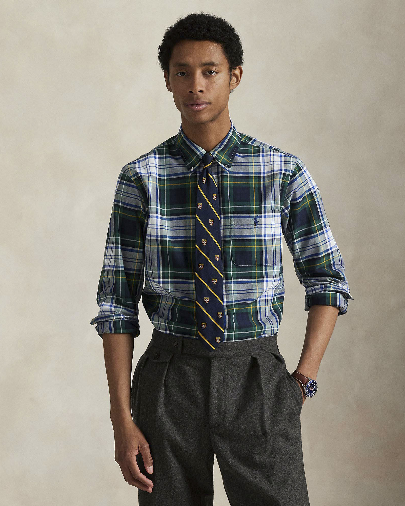 Camicia custom-fit Polo in Oxford check verde e blu con colletto button-down e taschino