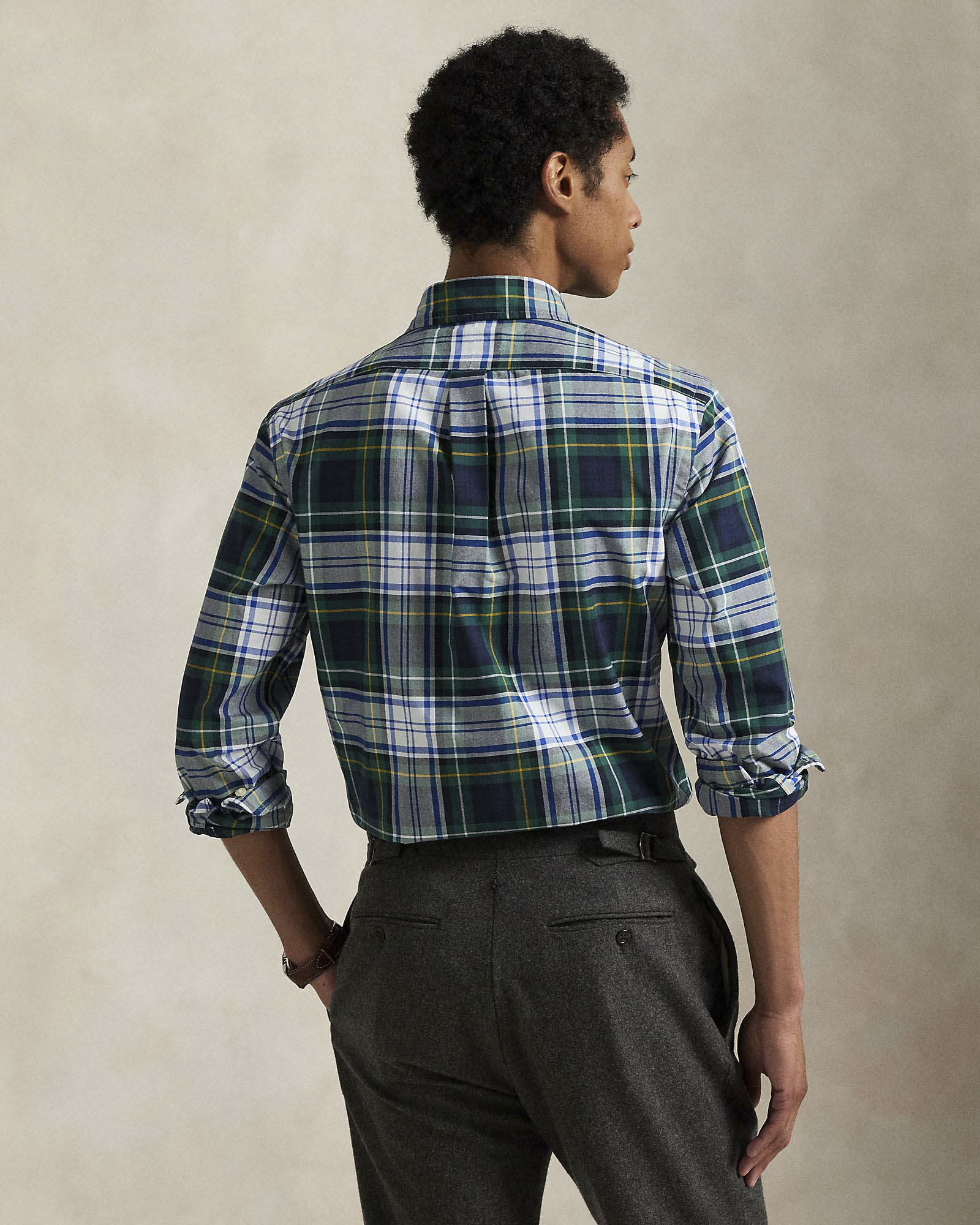 Camicia custom-fit Polo Ralph Lauren in Oxford check verde e blu con colletto button-down e taschino image