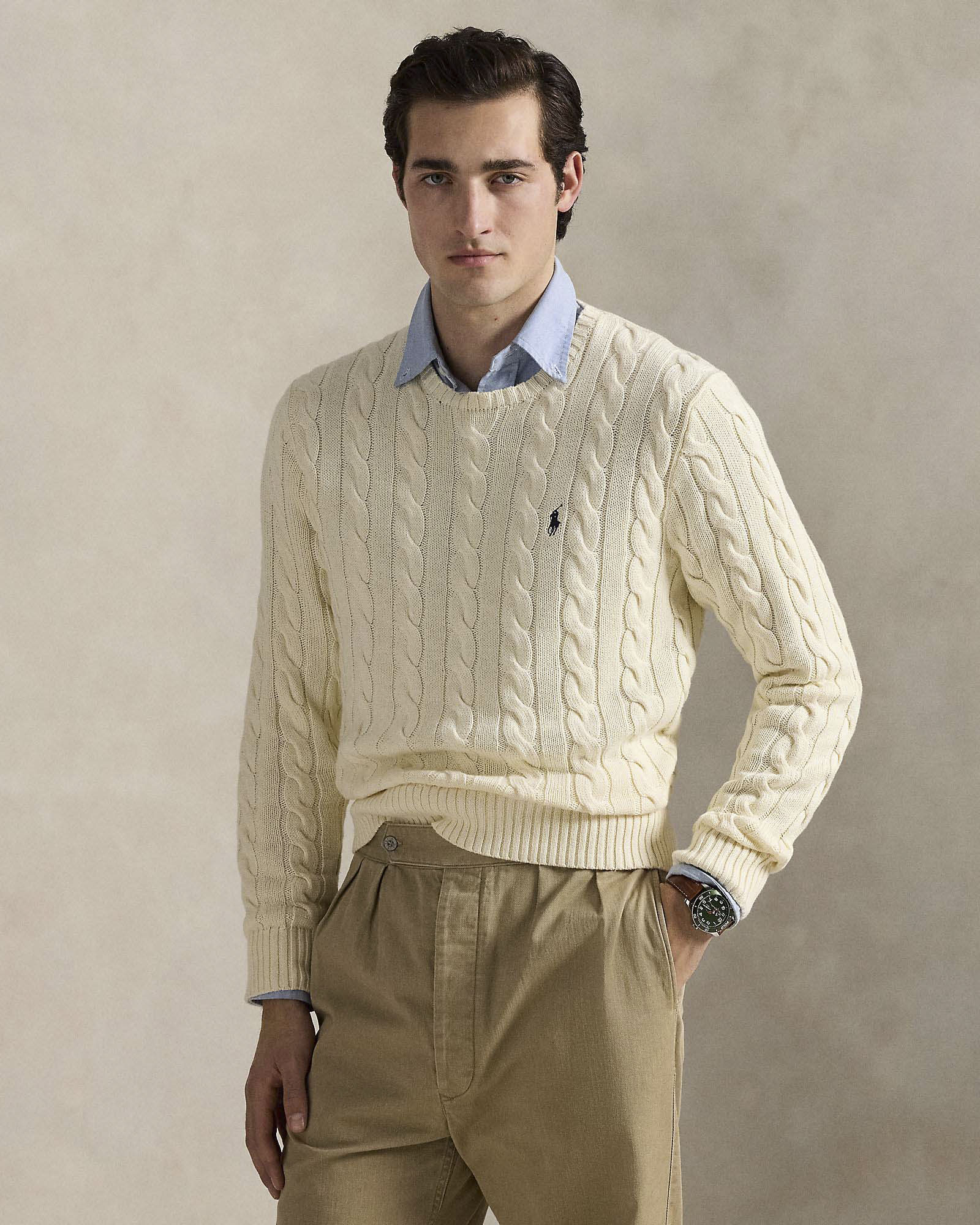 Maglia girocollo Polo Ralph Lauren color panna in cotone a trecce  con logo pony blu ricamato sul petto image