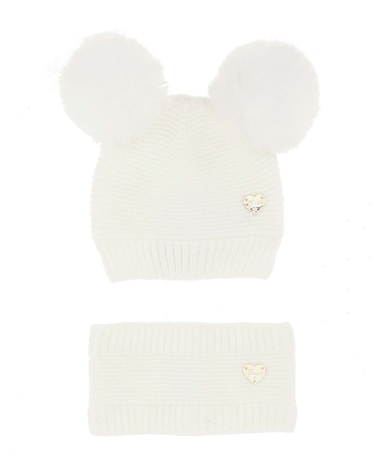 Berretto bianco con pom pom e scaldacollo Guess in misto viscosa