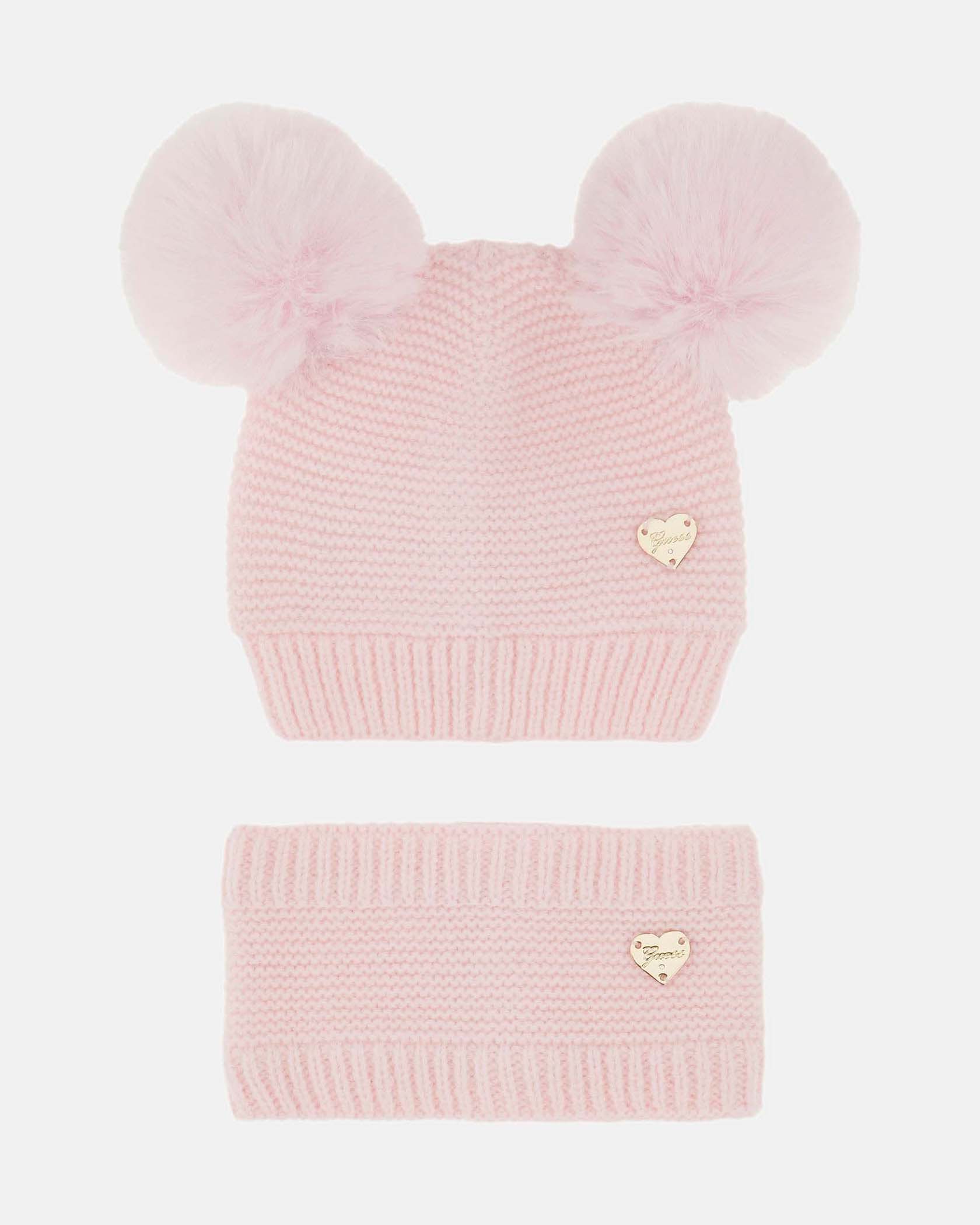 Berretto rosa con pom pom e scaldacollo Guess in misto viscosa