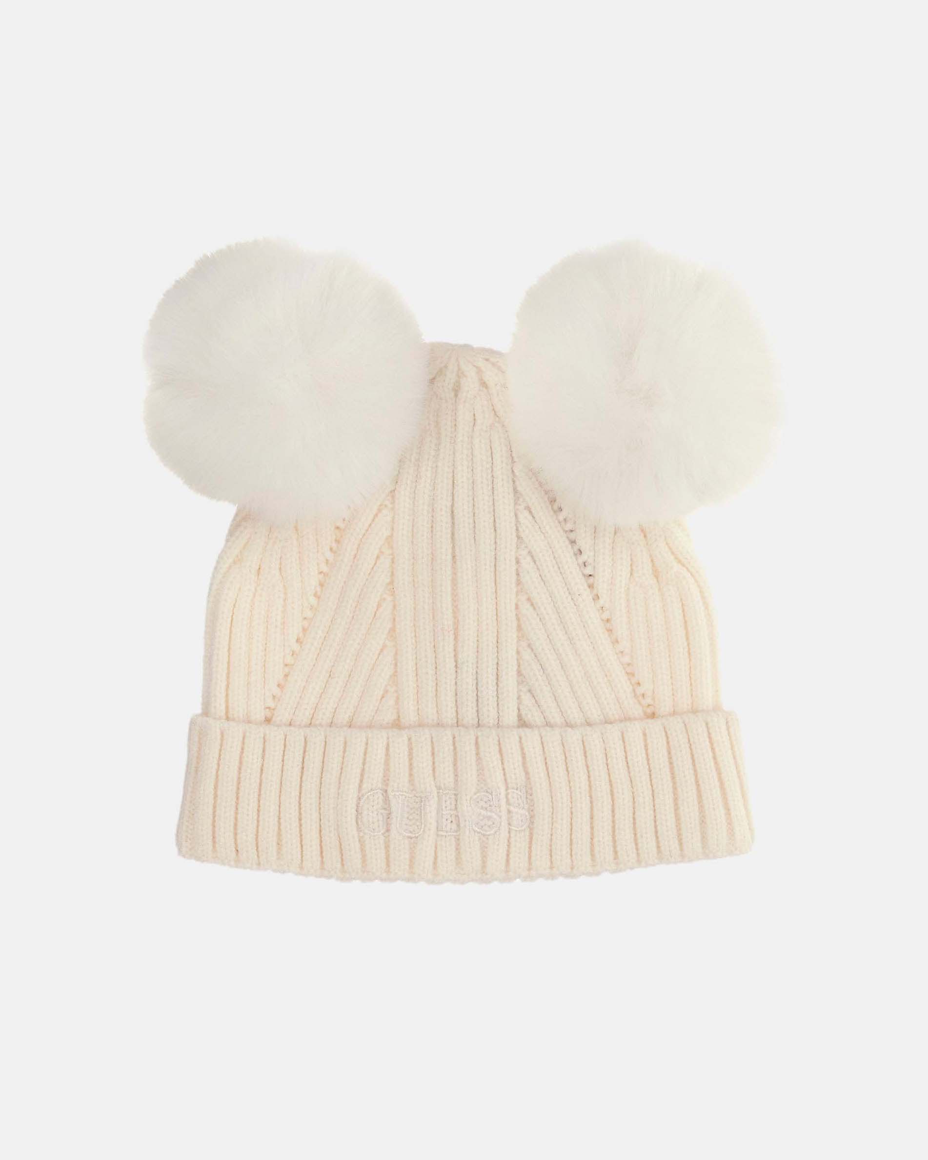 Berretto Guess avorio con pom pom in misto viscosa
