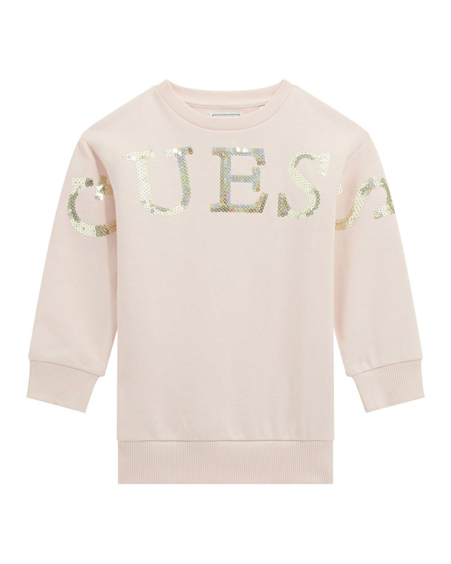 Abito Guess a maxi felpa rosa in puro cotone con scritta logo in pailettes