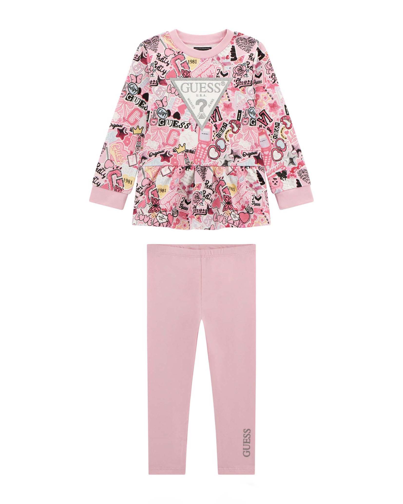 Completo Guess felpa e leggins rosa multifantasia in puro cotone
