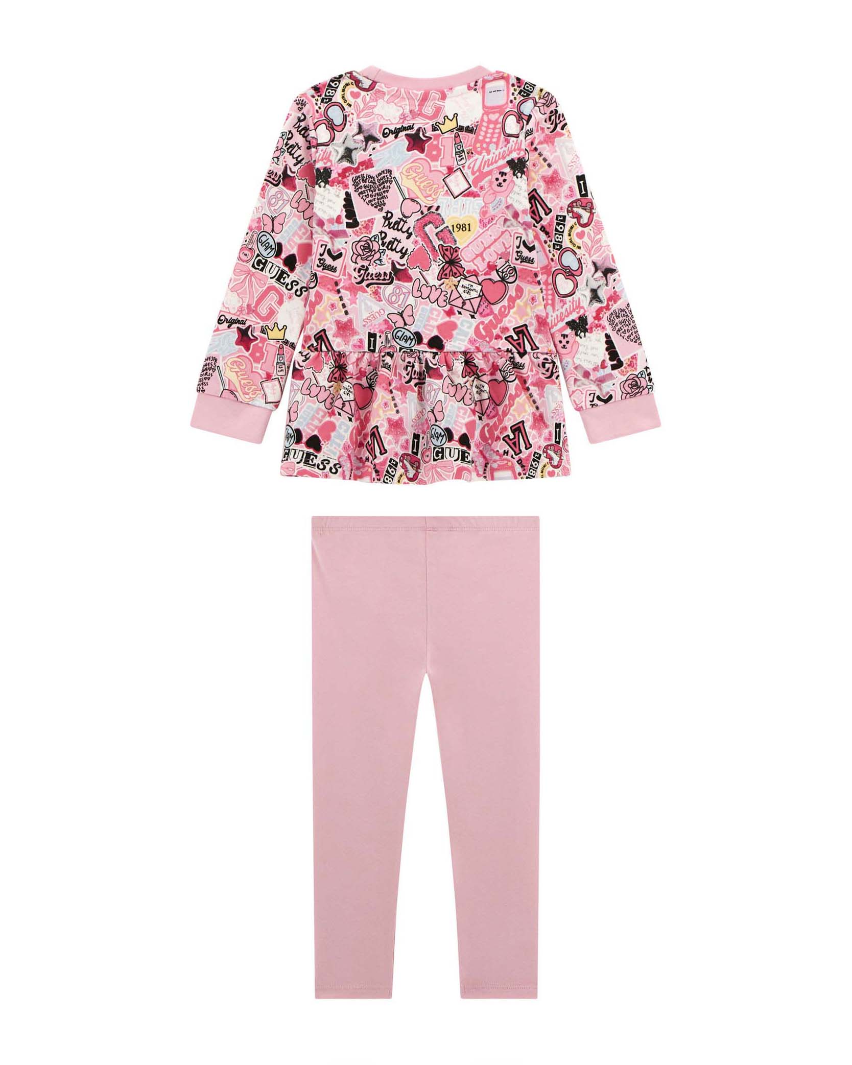 Completo Guess felpa e leggins rosa multifantasia in puro cotone image