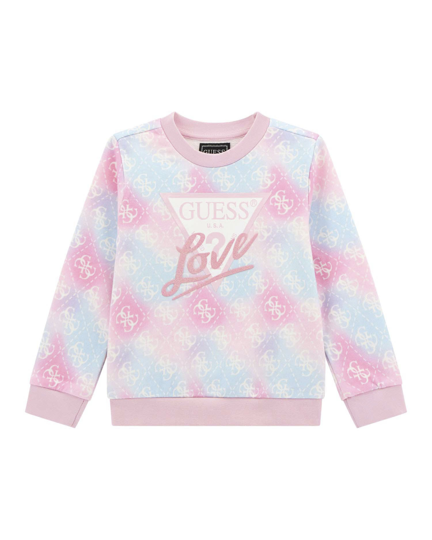 Felpa Guess rosa e azzurra in puro cotone con fantasia sfumata e logo monogram
