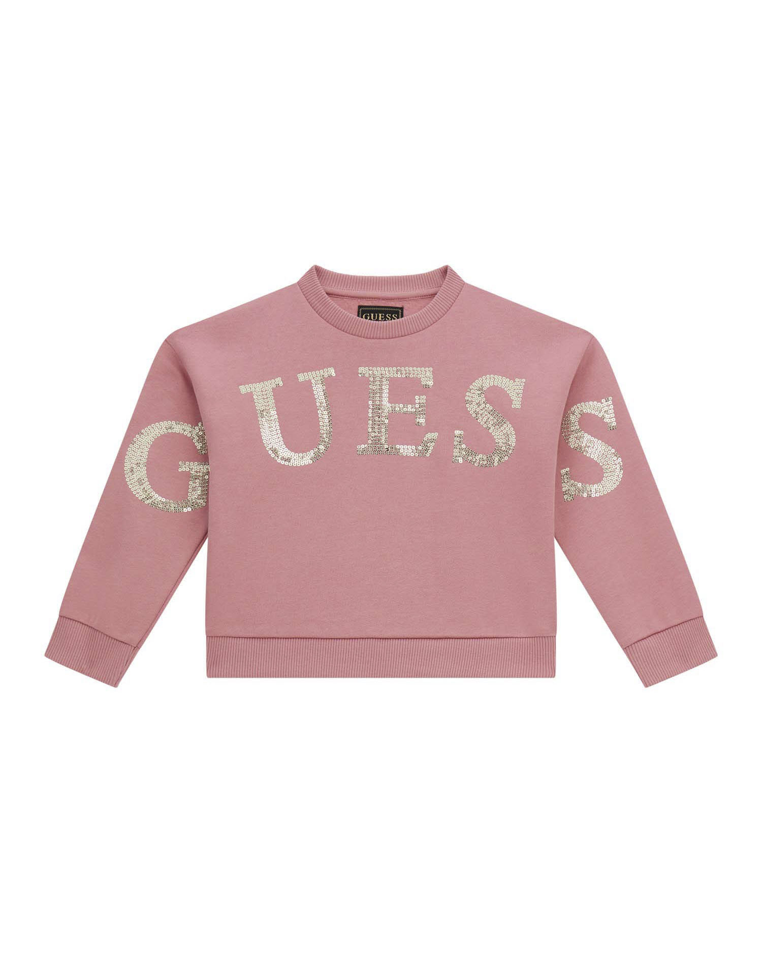Felpa cropped Guess rosa antico con scritta logo oro paiettata