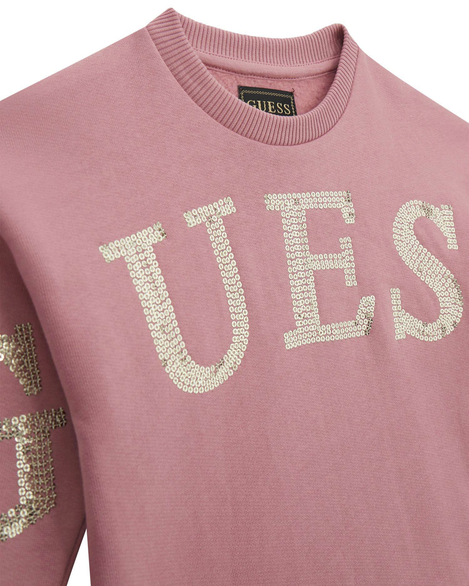Felpa cropped Guess rosa antico con scritta logo oro paiettata image