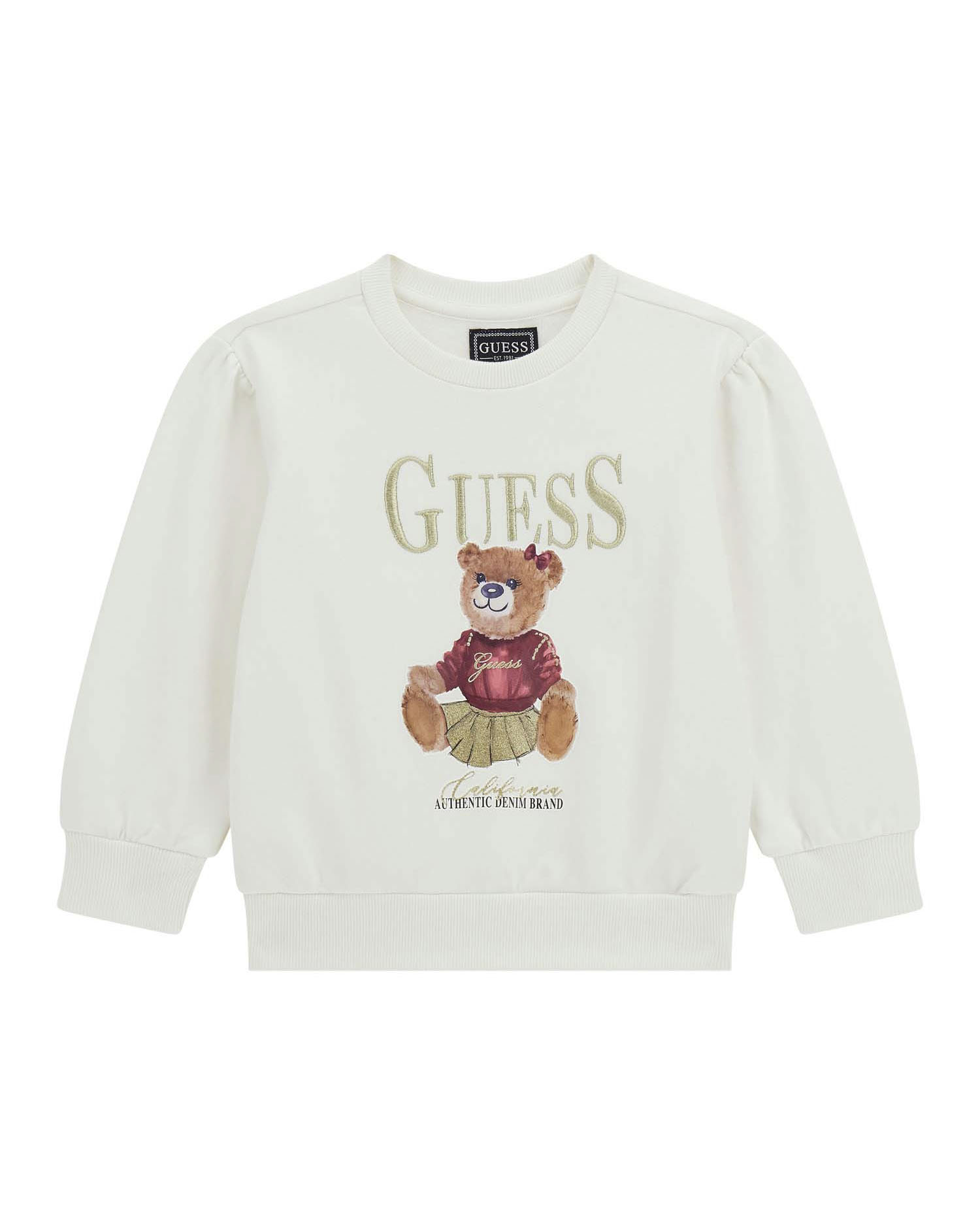 Felpa Guess bianca a maniche lunghe e stampa orsetta davanti