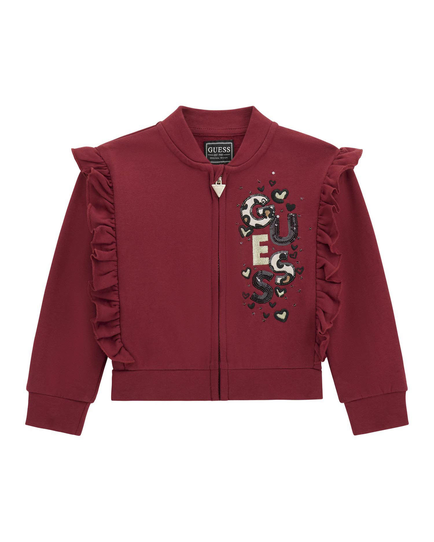 Felpa rossa Guess volant e zip e logo animalier