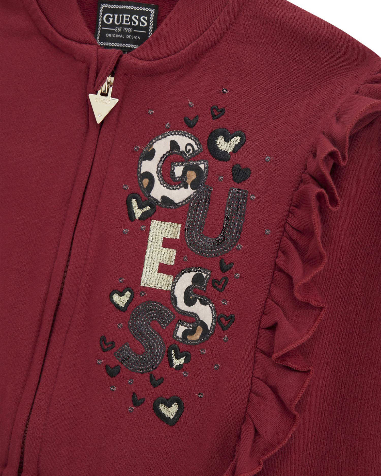 Felpa rossa Guess volant e zip e logo animalier image