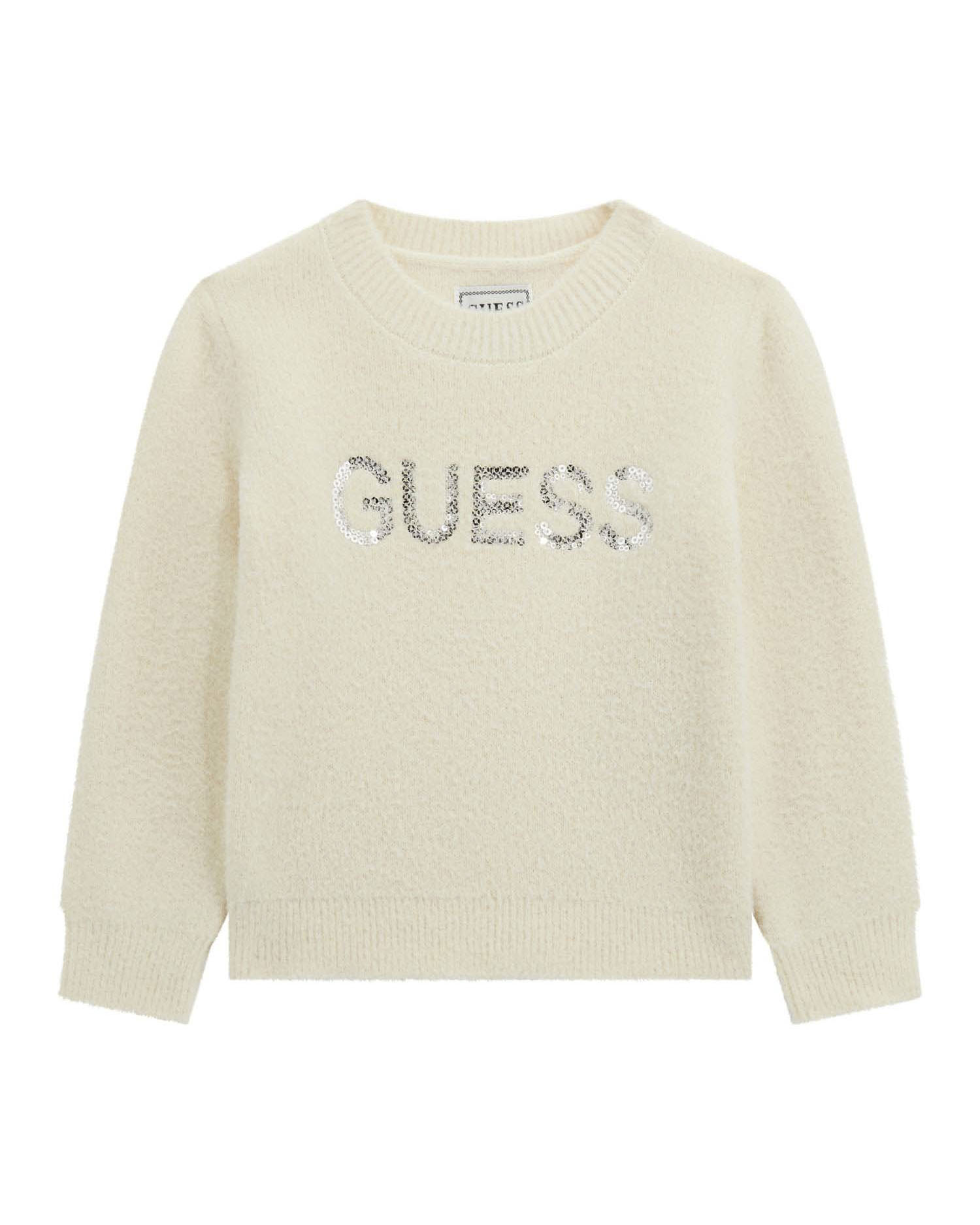 Maglioncino Guess color panna con logo pailettes argento