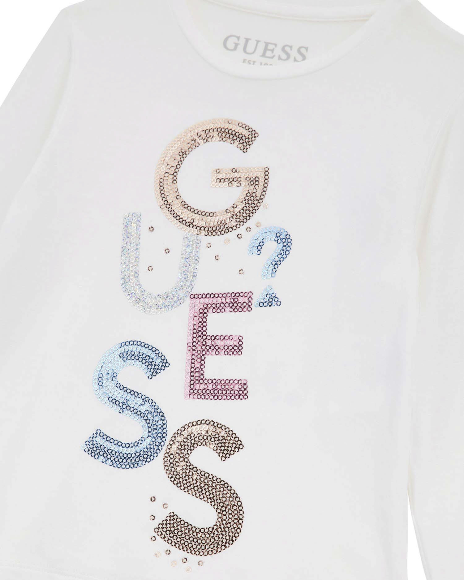 T-shirt Guess bianca a maniche lunghe in misto viscosa con logo pailettes multicolor image