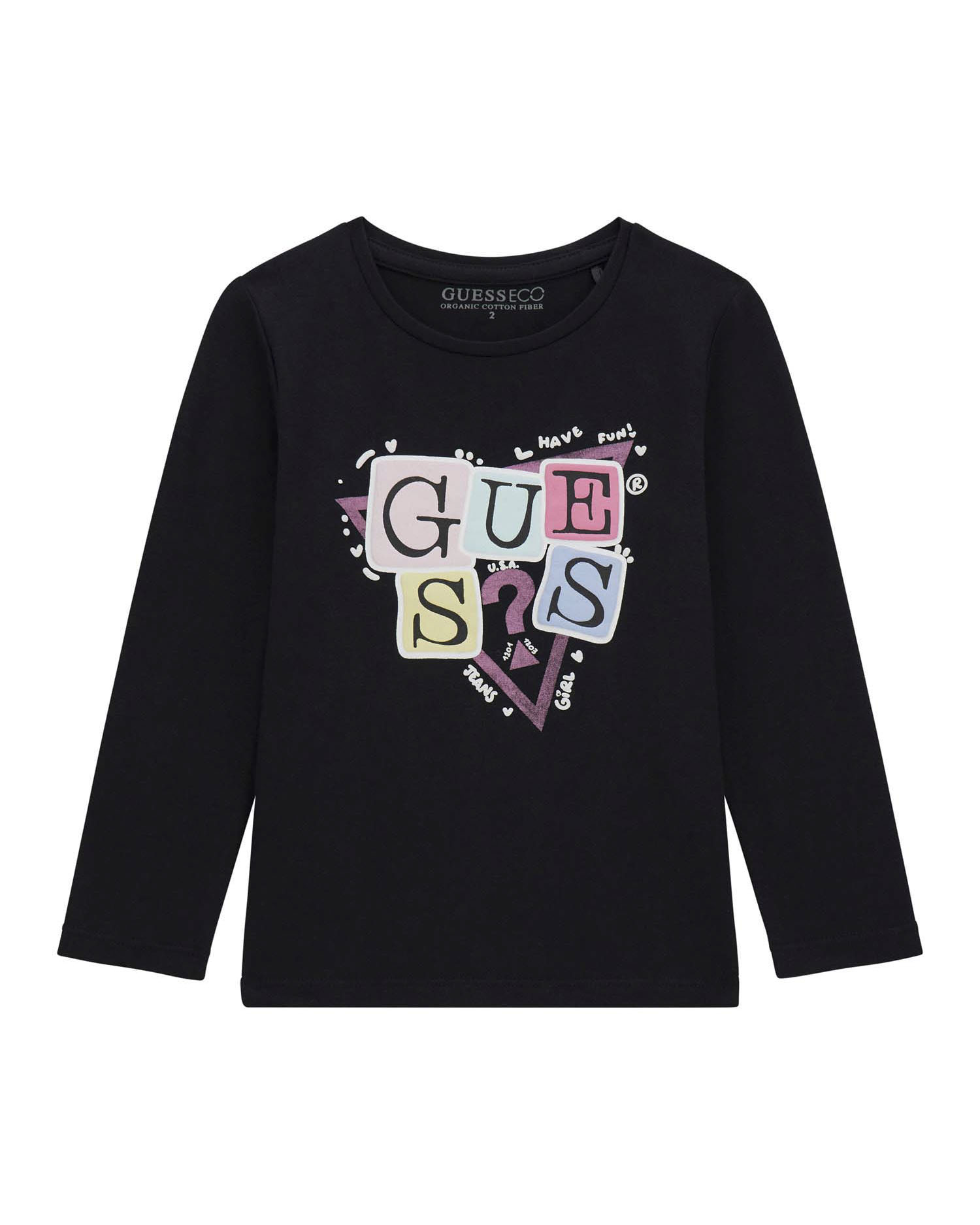 T-shirt Guess nera a maniche lunghe in misto cotone con logo gommato multicolor