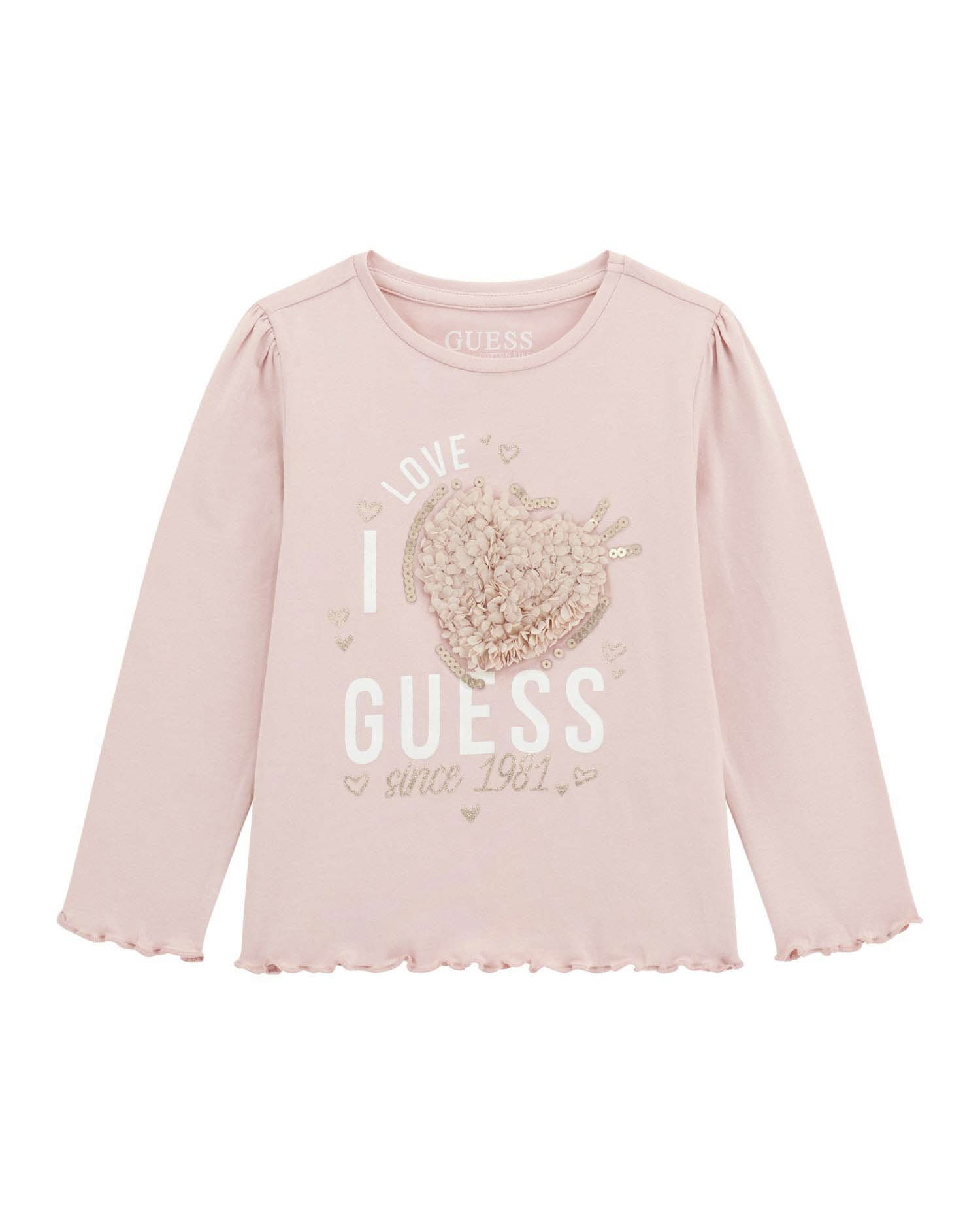 T-shirt Guess in puro cotone rosa con cuore e petali in rilievo