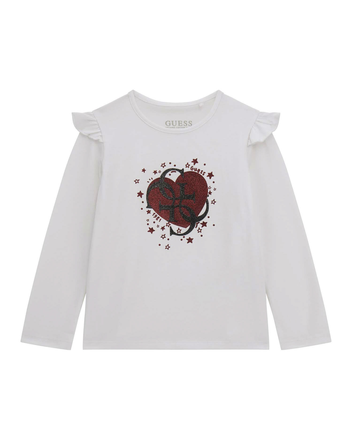 T-shirt Guess bianca con volant e logo monogram con cuore brillantinato