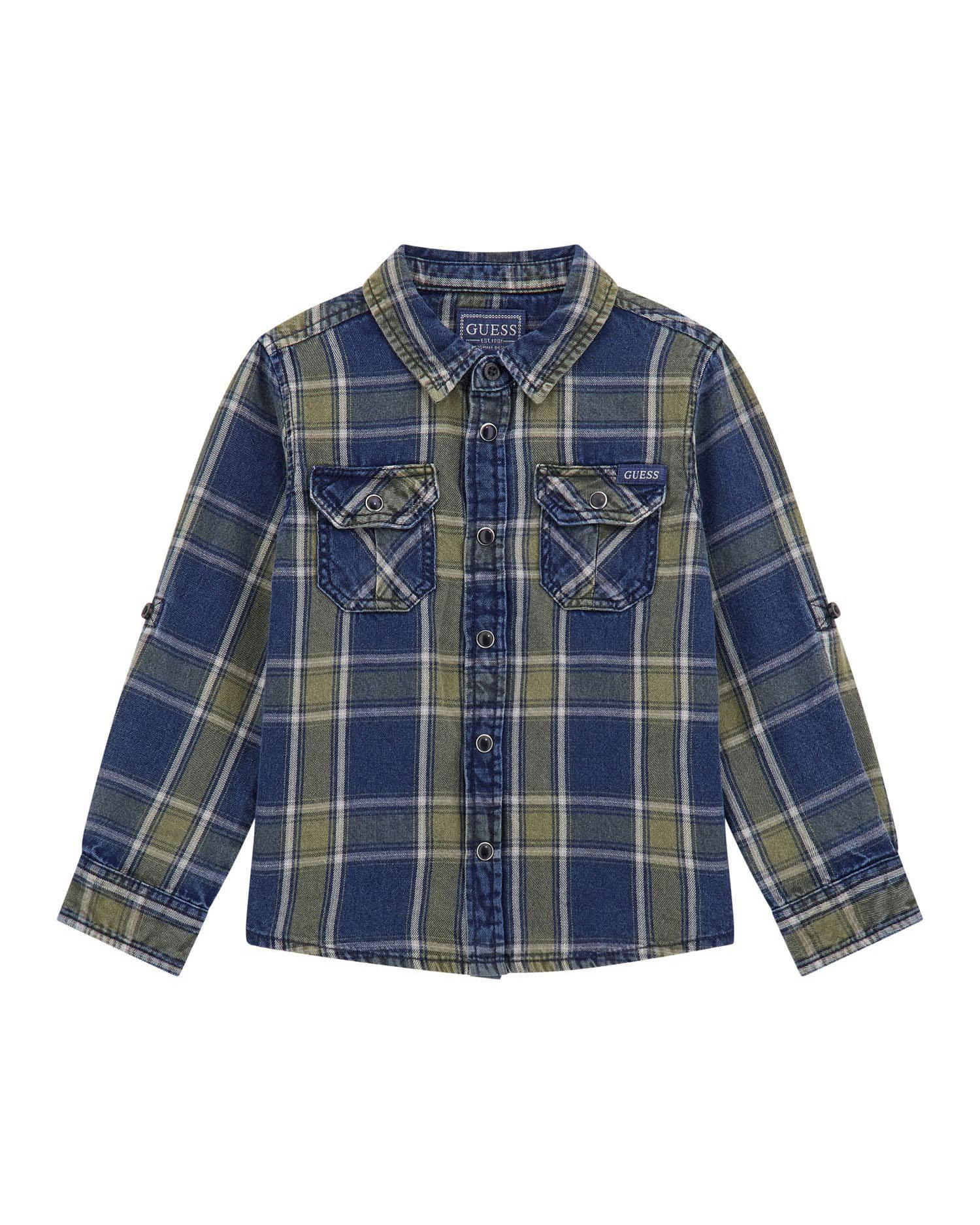 Camicia Guess denim di puro cotone a quadri blu e verde