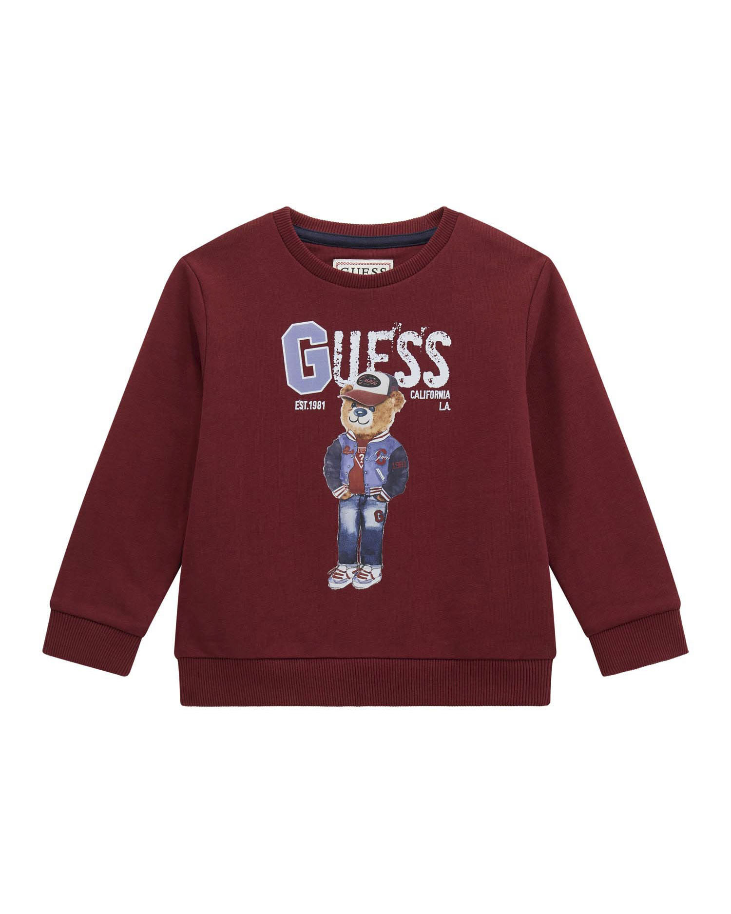 Felpa Guess bordeaux in puro cotone con stampa orsetto