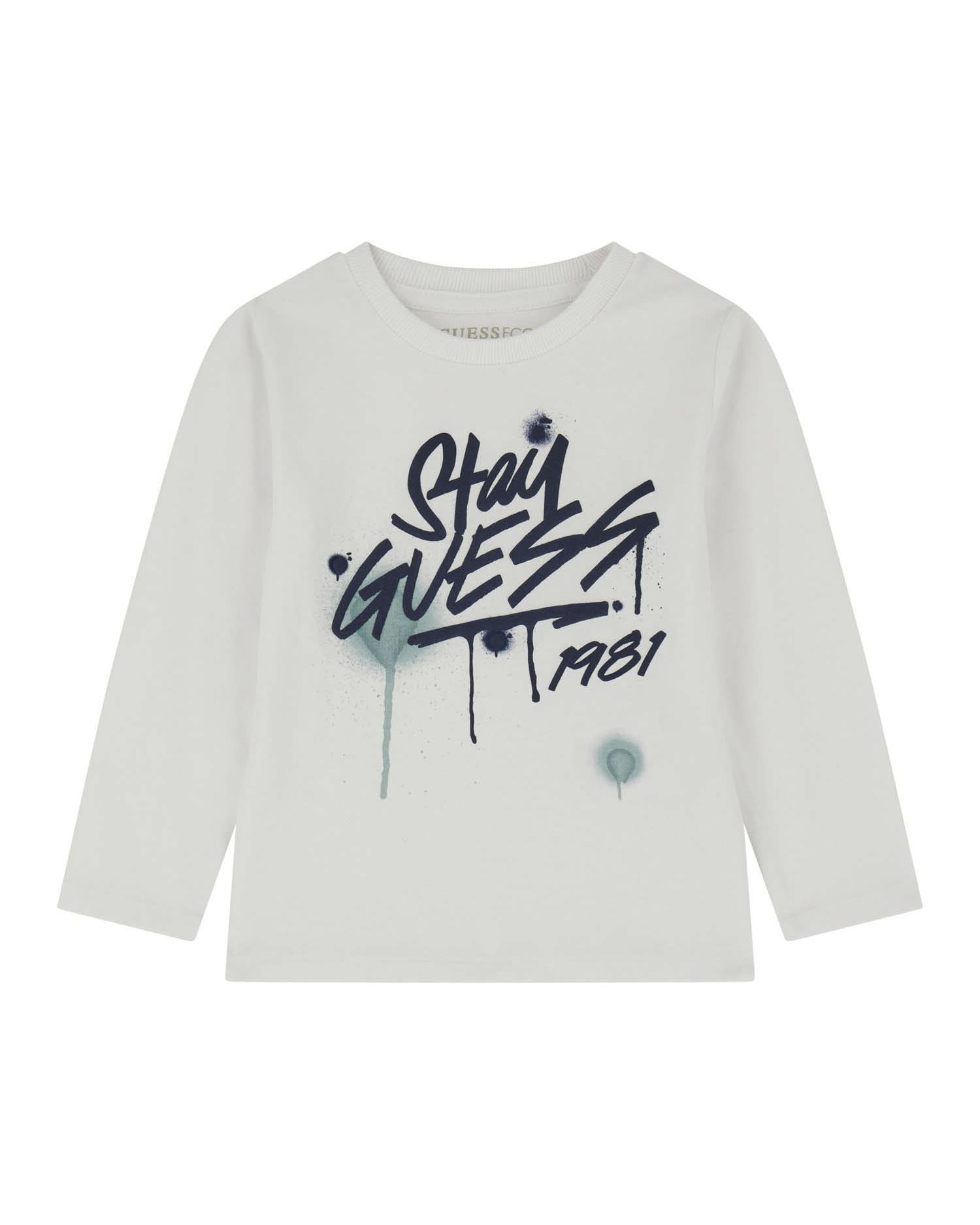 T-shirt Guess bianca a maniche lunghe in puro cotone con logo colato