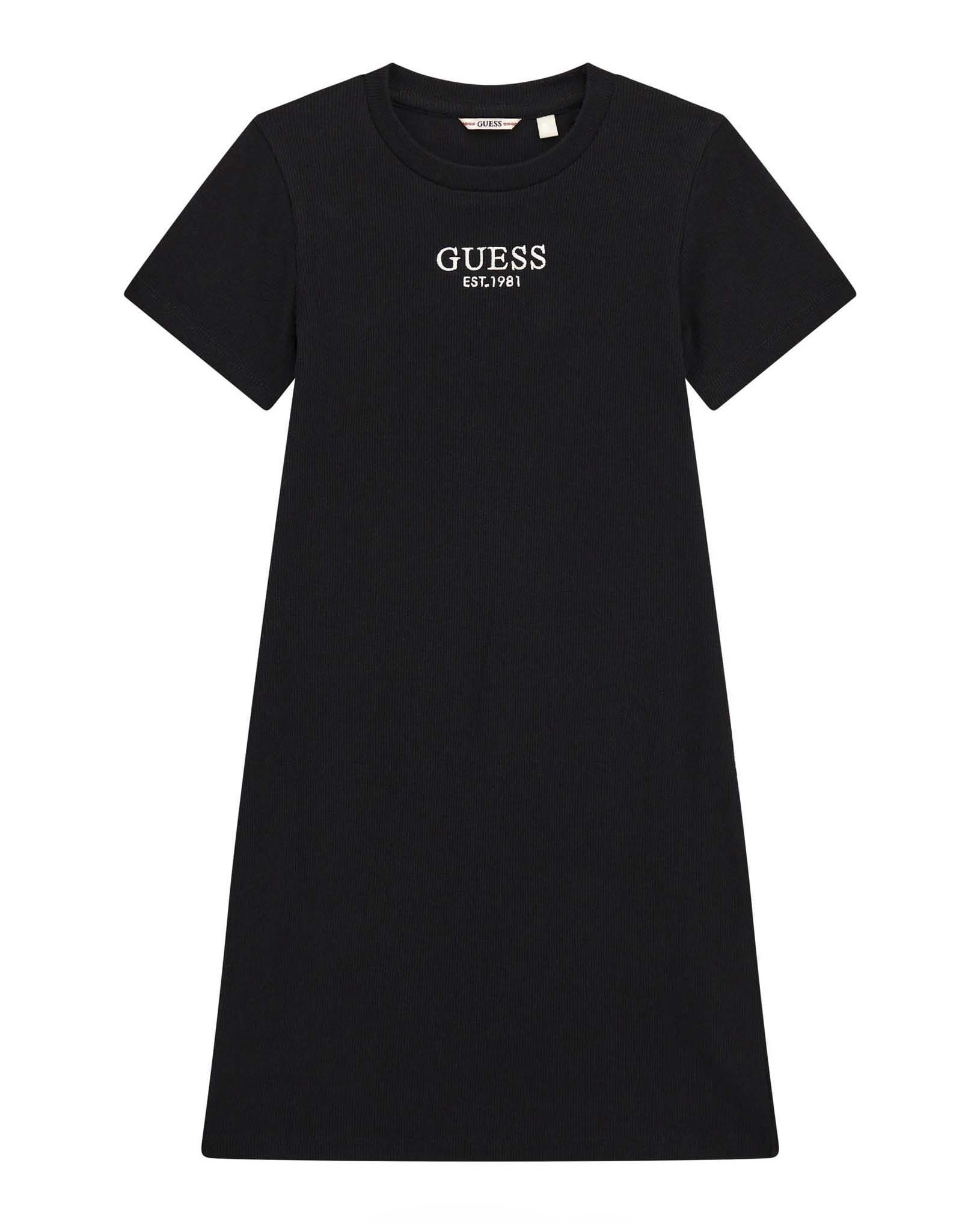 Abito longuette Guess nero a costine in cotone stretch e maniche corte